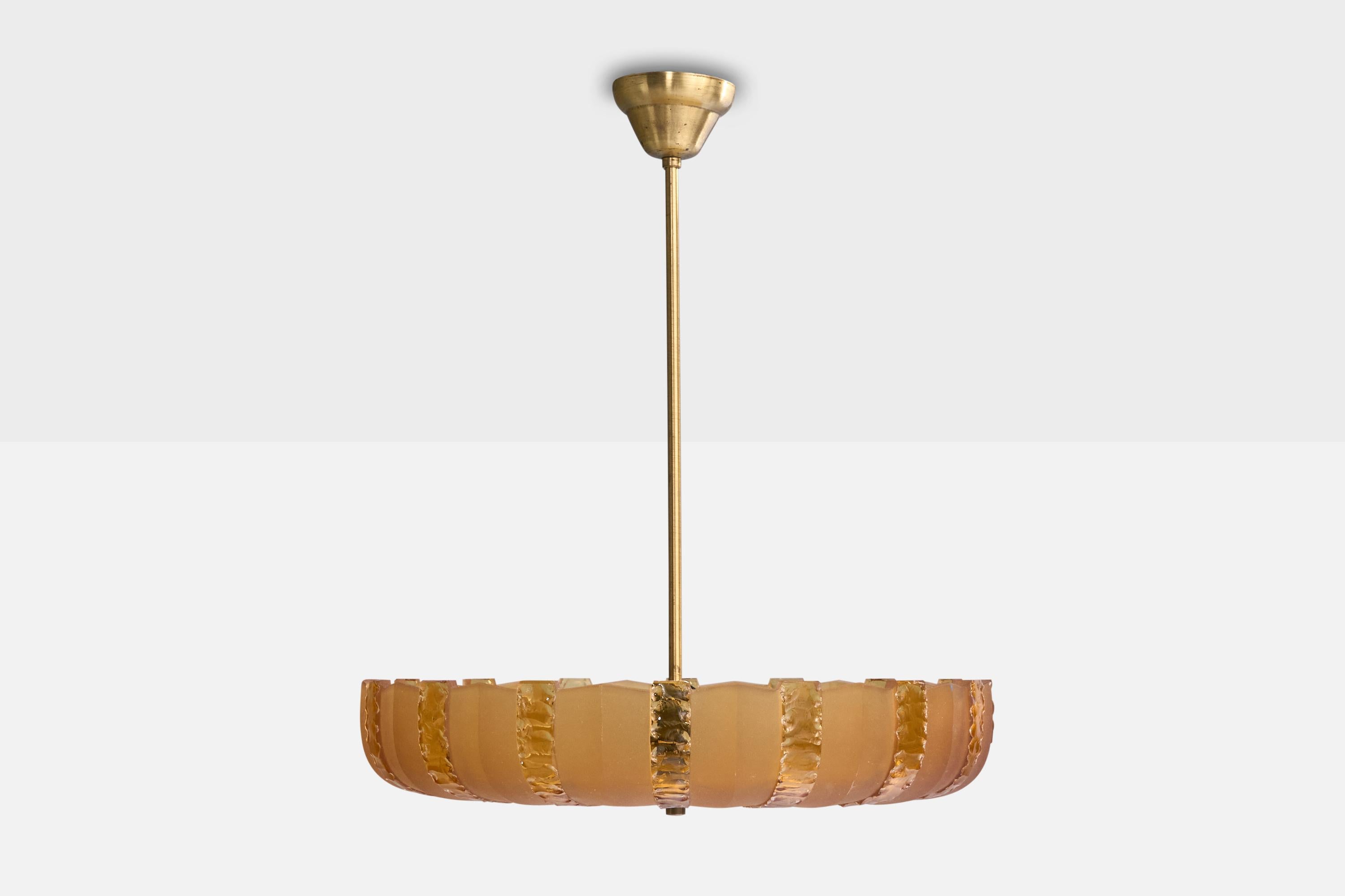 Mid-20th Century Swedish Designer, Pendant Light, Brass, Glass, Sweden, 1940s For Sale