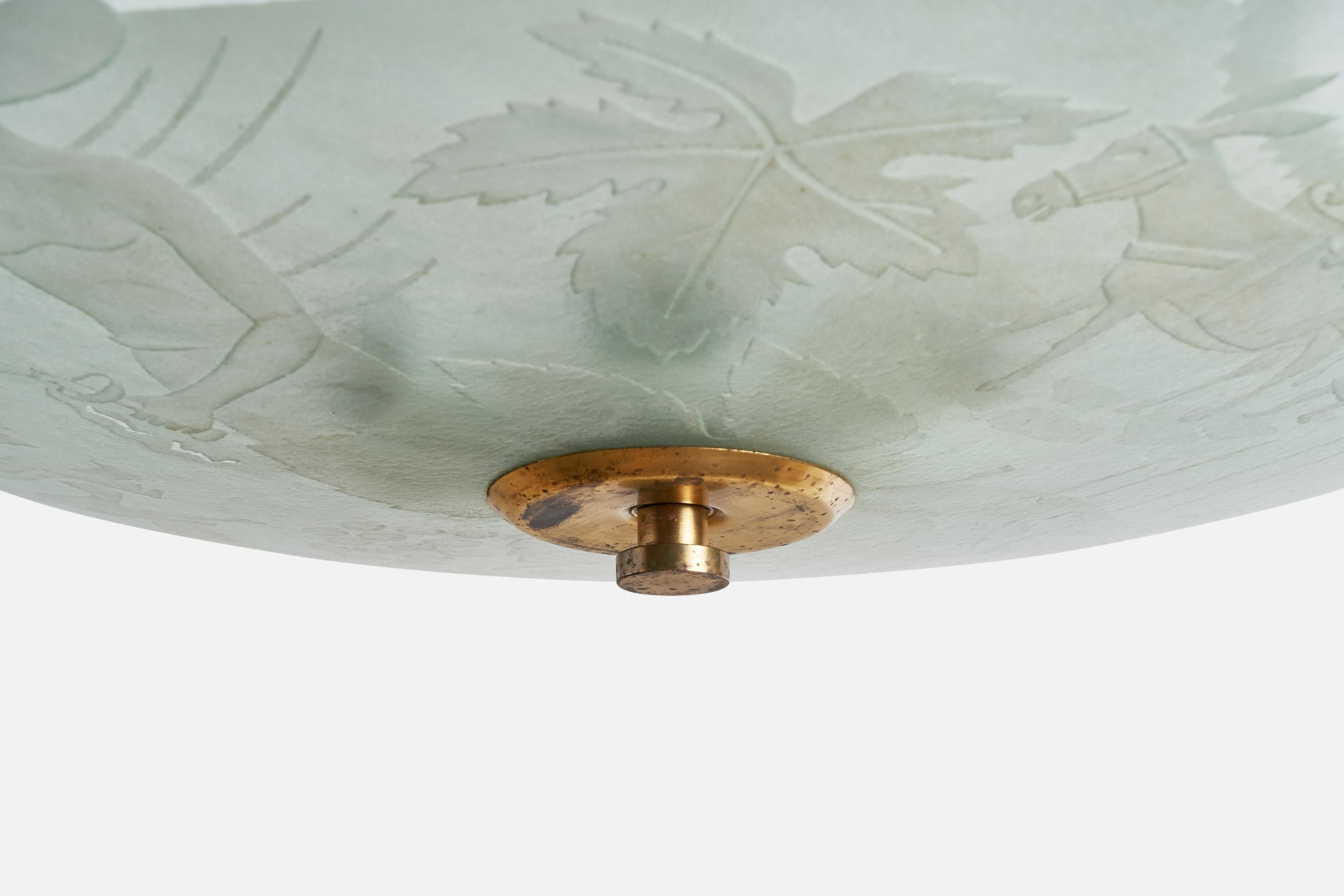 Mid-20th Century Swedish Designer, Pendant Light, Brass, Glass, Sweden, 1940s For Sale