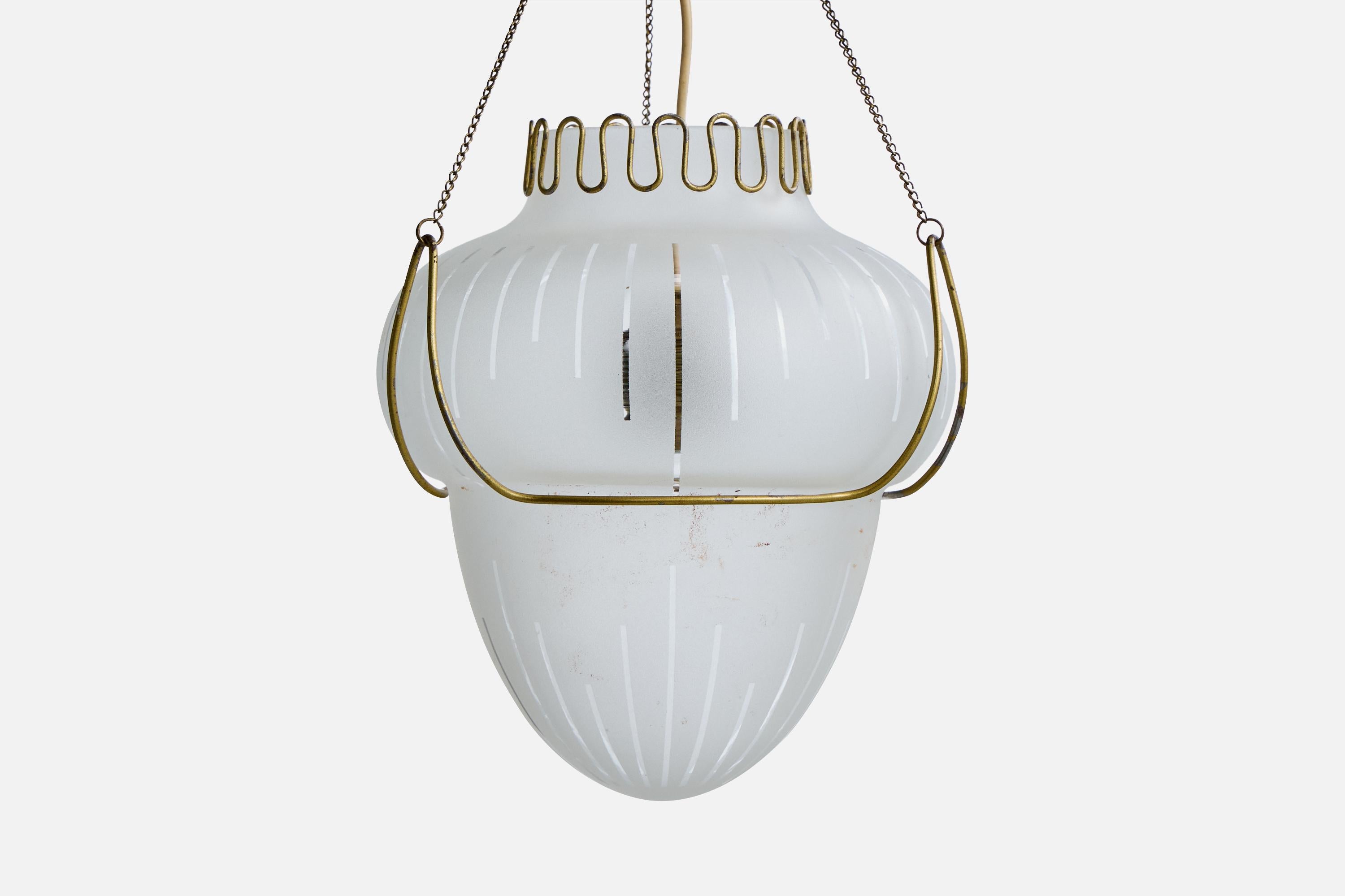 Mid-20th Century Swedish Designer, Pendant Light, Brass, Glass, Sweden, 1940s For Sale