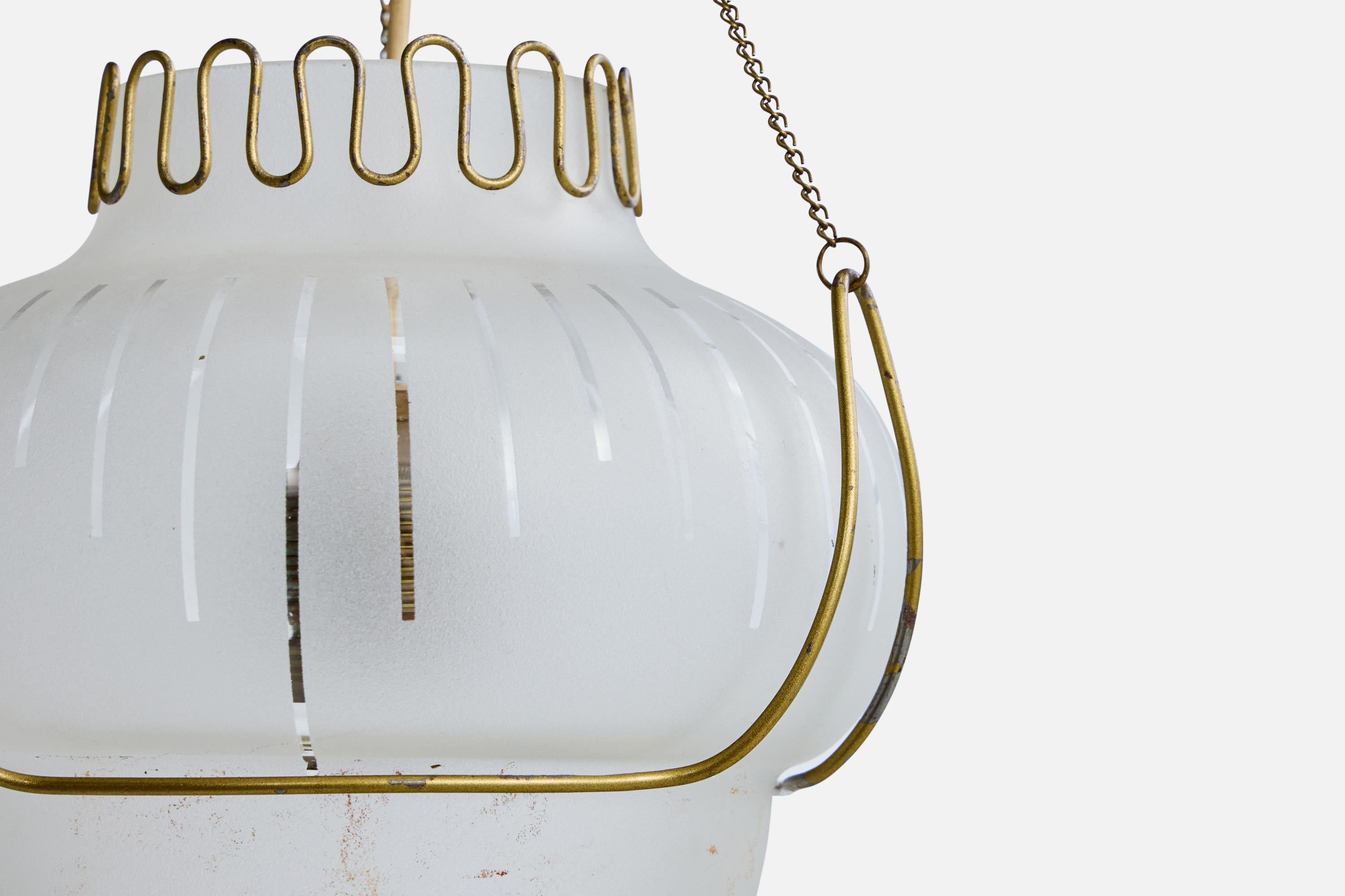 Swedish Designer, Pendant Light, Brass, Glass, Sweden, 1940s For Sale 2