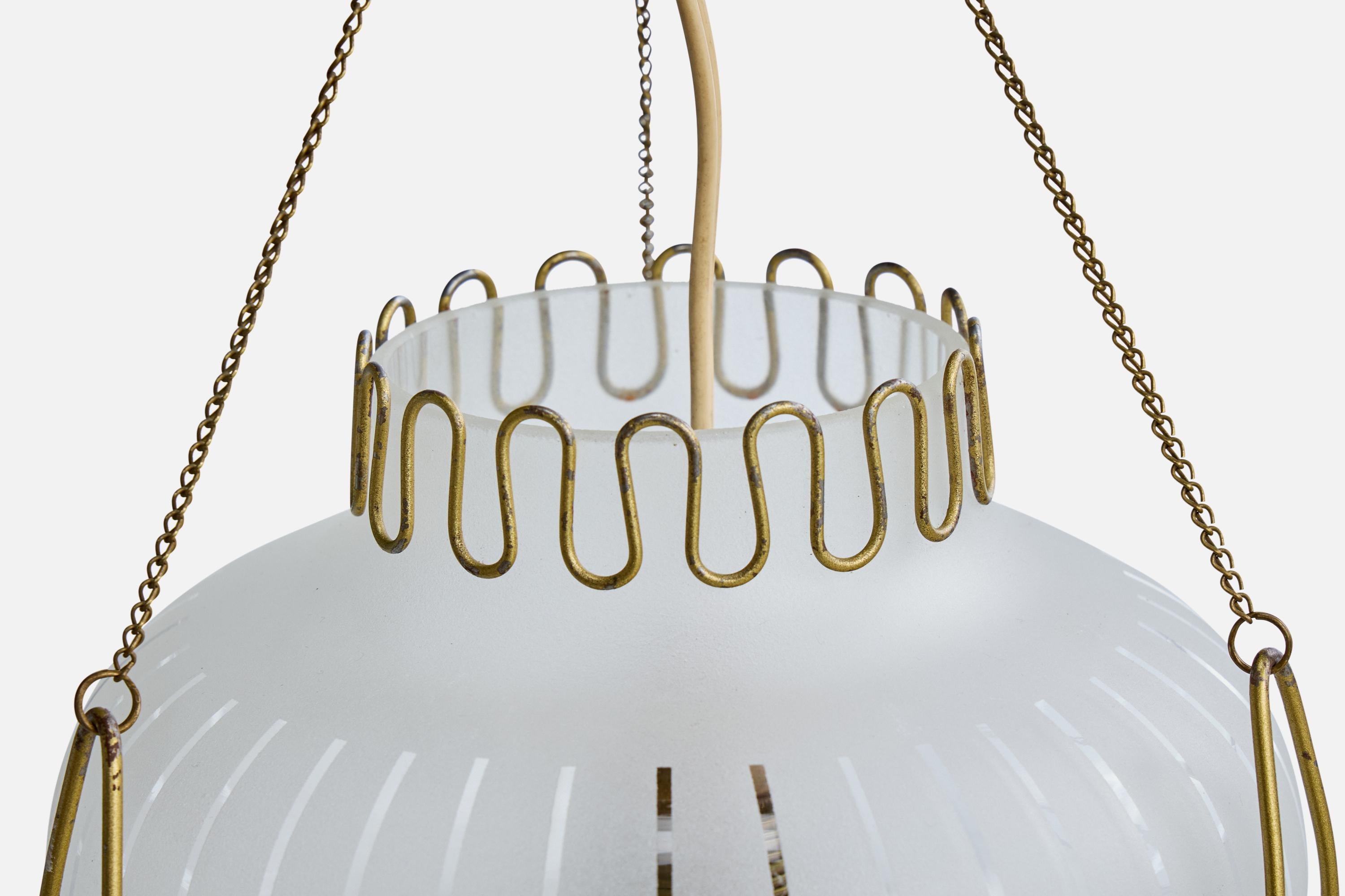 Swedish Designer, Pendant Light, Brass, Glass, Sweden, 1940s For Sale 3