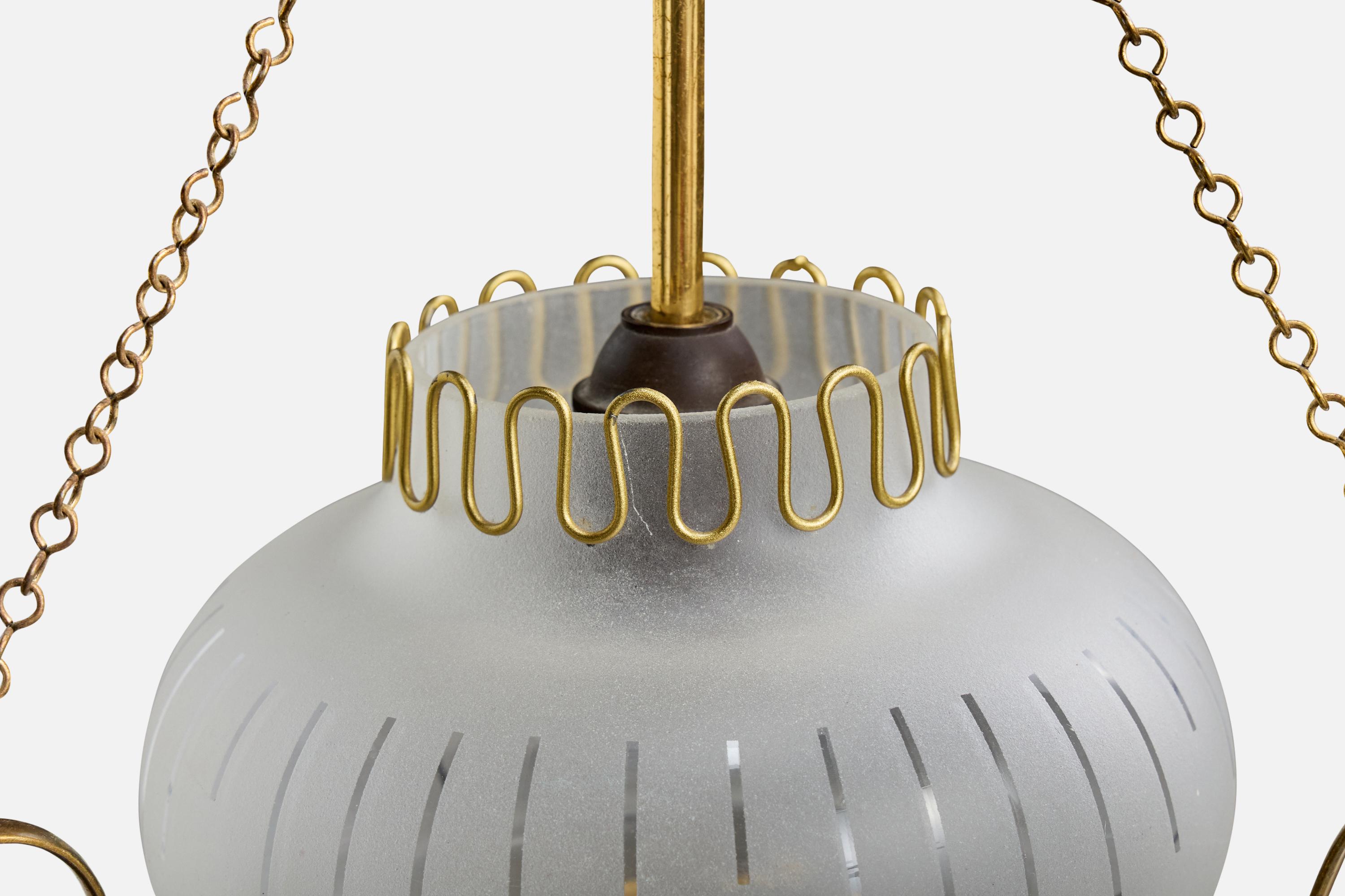 Designer svedese, lampada a sospensione, ottone, vetro, Svezia, anni '1940 in vendita 1