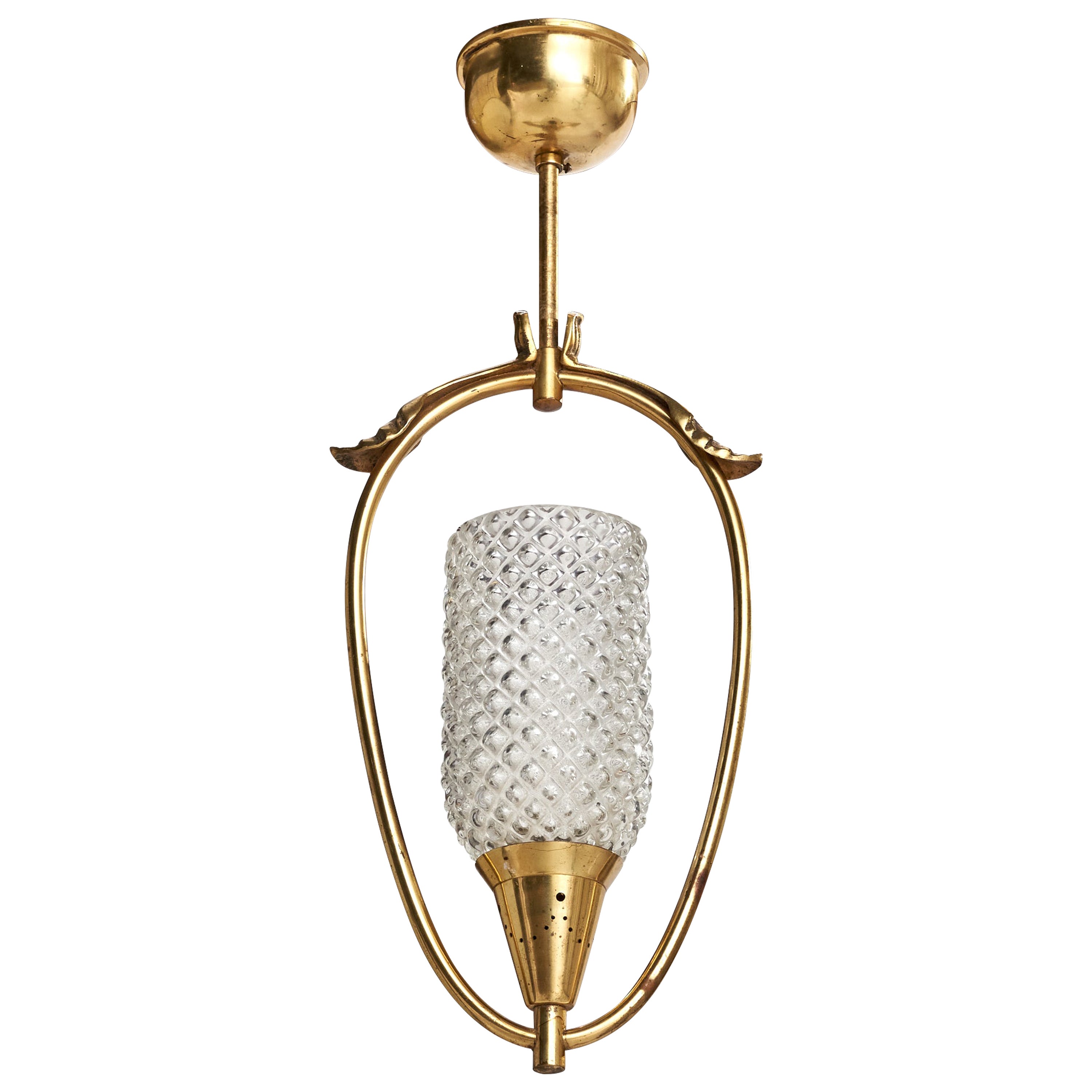 Swedish Designer, Pendant Light, Brass, Glass, Sweden, 1940s