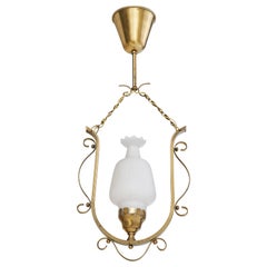 Swedish Designer, Pendant Light, Brass, Glass, Sweden, 1940s