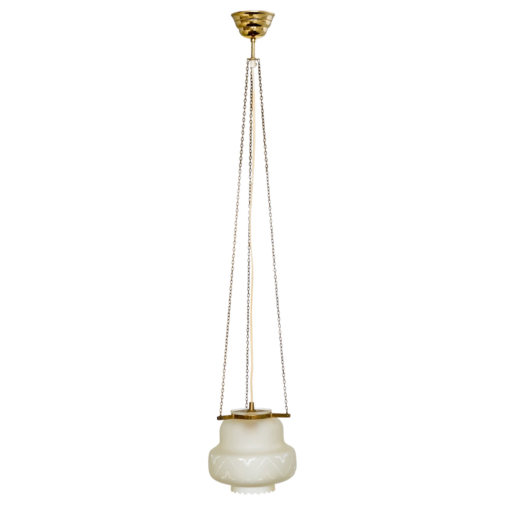 Design suédois, lampe à suspension, laiton, verre, Suède, années 1940