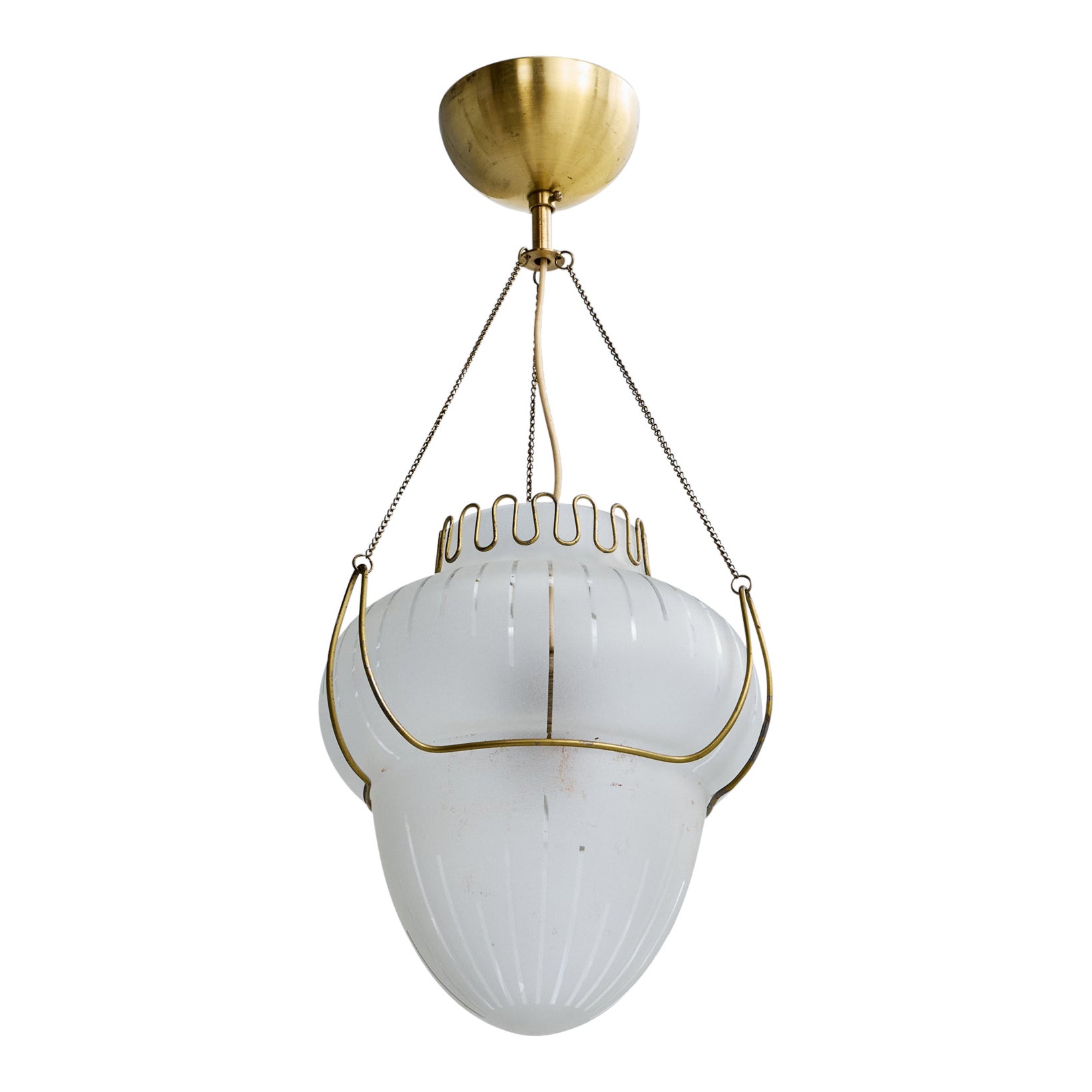 Swedish Designer, Pendant Light, Brass, Glass, Sweden, 1940s For Sale