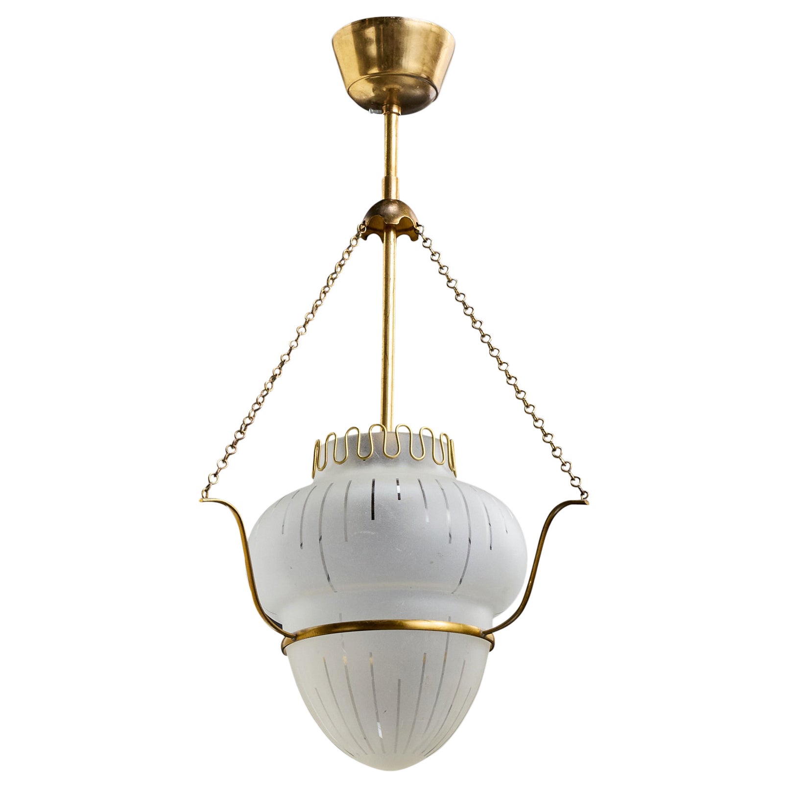 Swedish Designer, Pendant Light, Brass, Glass, Sweden, 1940s