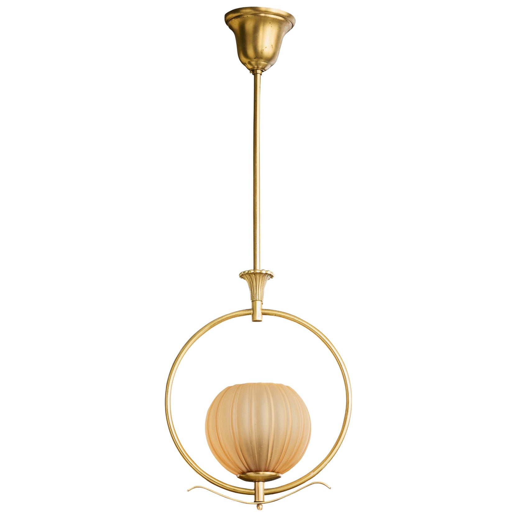 Swedish Designer, Pendant Light, Brass, Glass, Sweden, 1940s