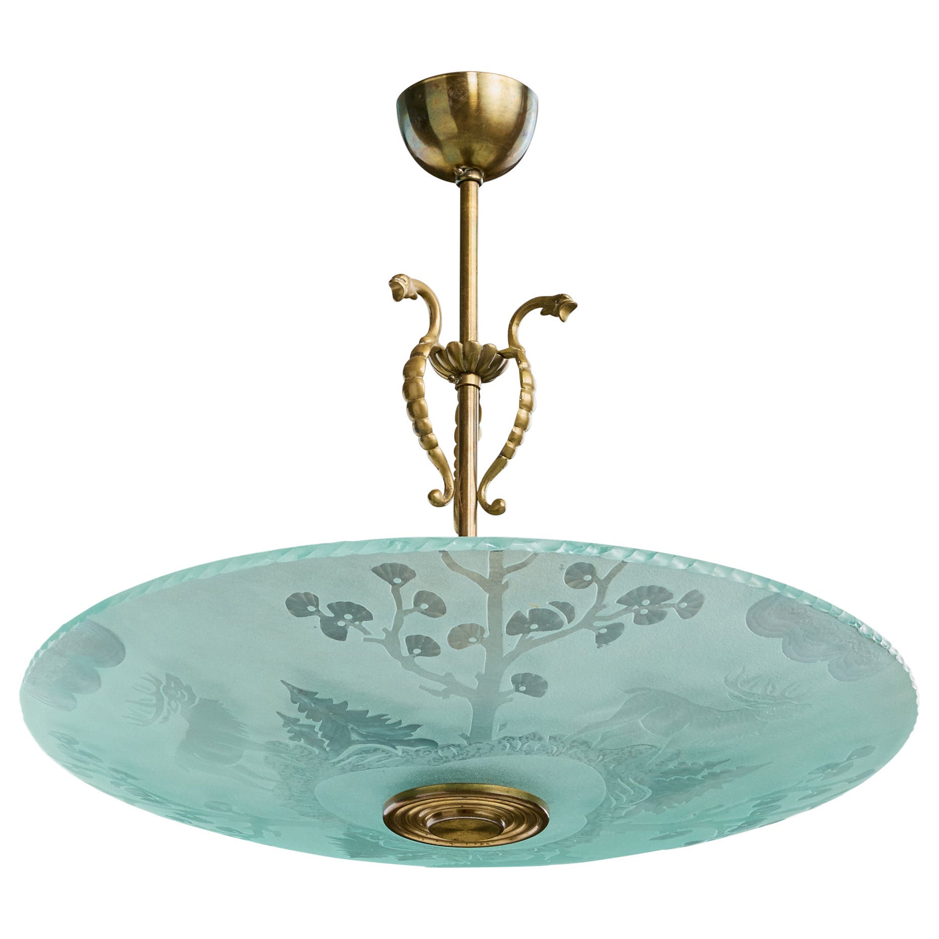 Swedish Designer, Pendant Light, Brass, Glass, Sweden, 1940s For Sale