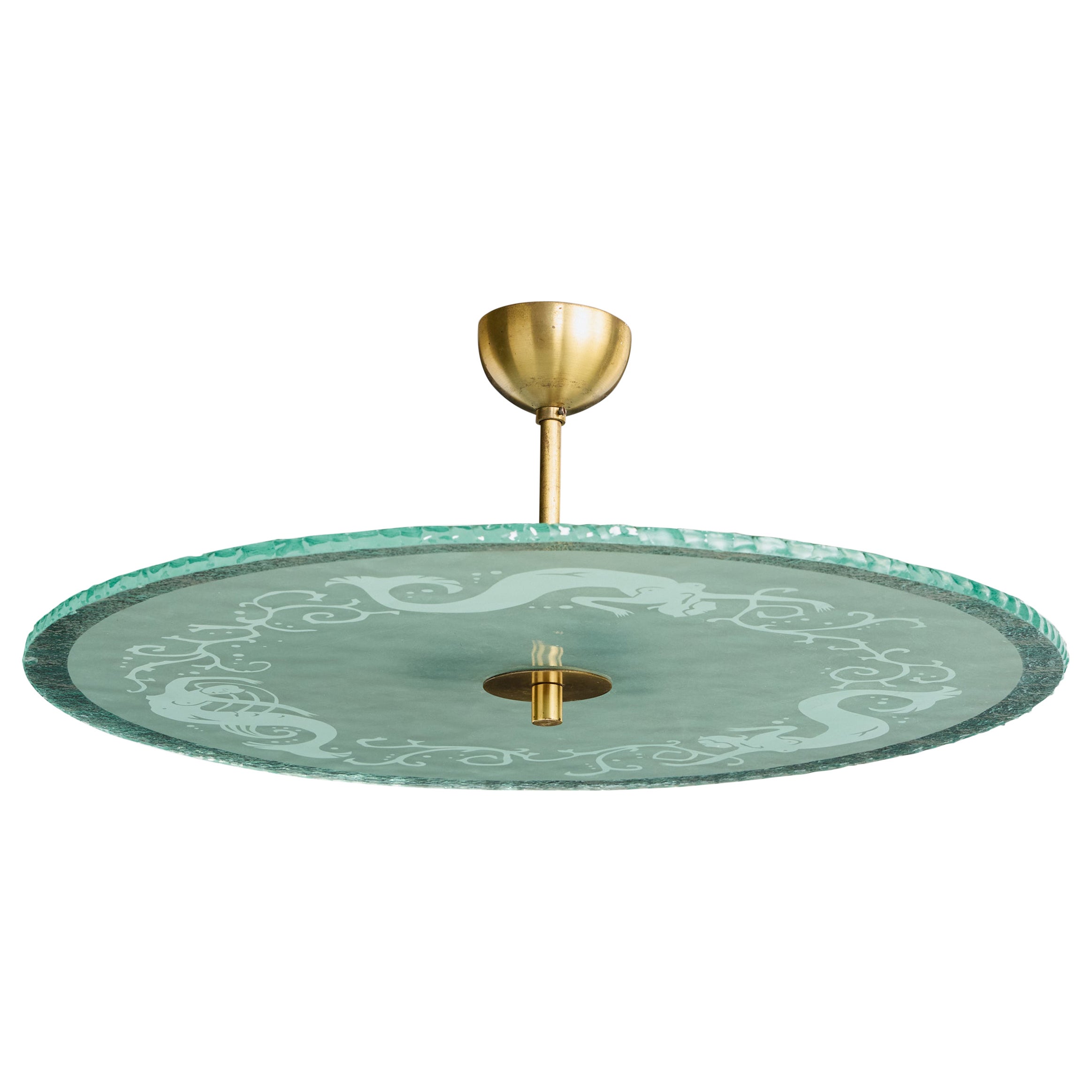 Swedish Designer, Pendant Light, Brass, Glass, Sweden, 1940s