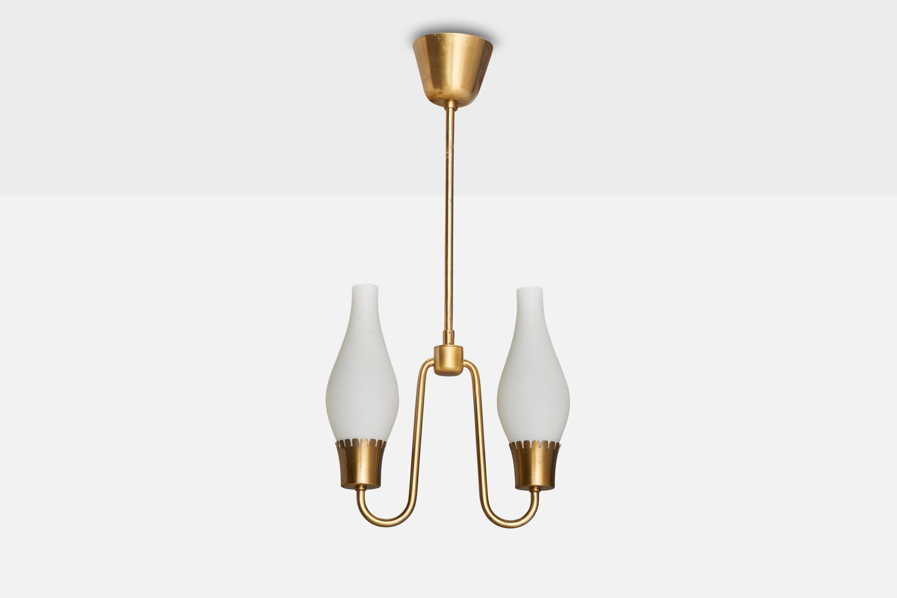 A brass and opaline glass pendant light designed and produced in Sweden, c. 1950s.

Dimensions of canopy (inches): 3” H x 3.75” Diameter
Socket takes standard E-14 bulbs. 2 sockets.There is no maximum wattage stated on the fixture. All lighting will