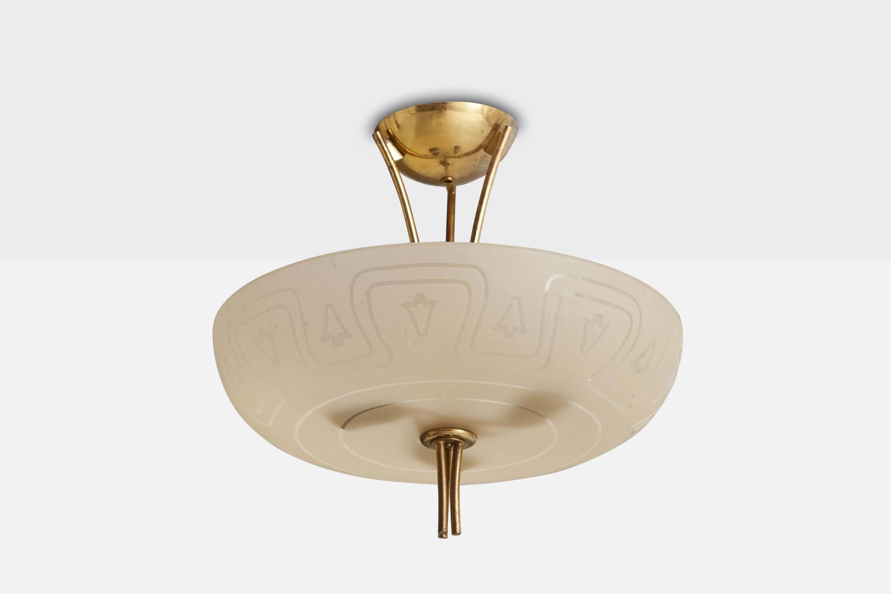 A brass and etched glass pendant light designed and produced in Sweden, c. 1950s.

Dimensions of canopy (inches): 4.92” H x 2.49” Diameter
Socket takes standard E-26 bulbs. 3 socket.There is no maximum wattage stated on the fixture. All lighting