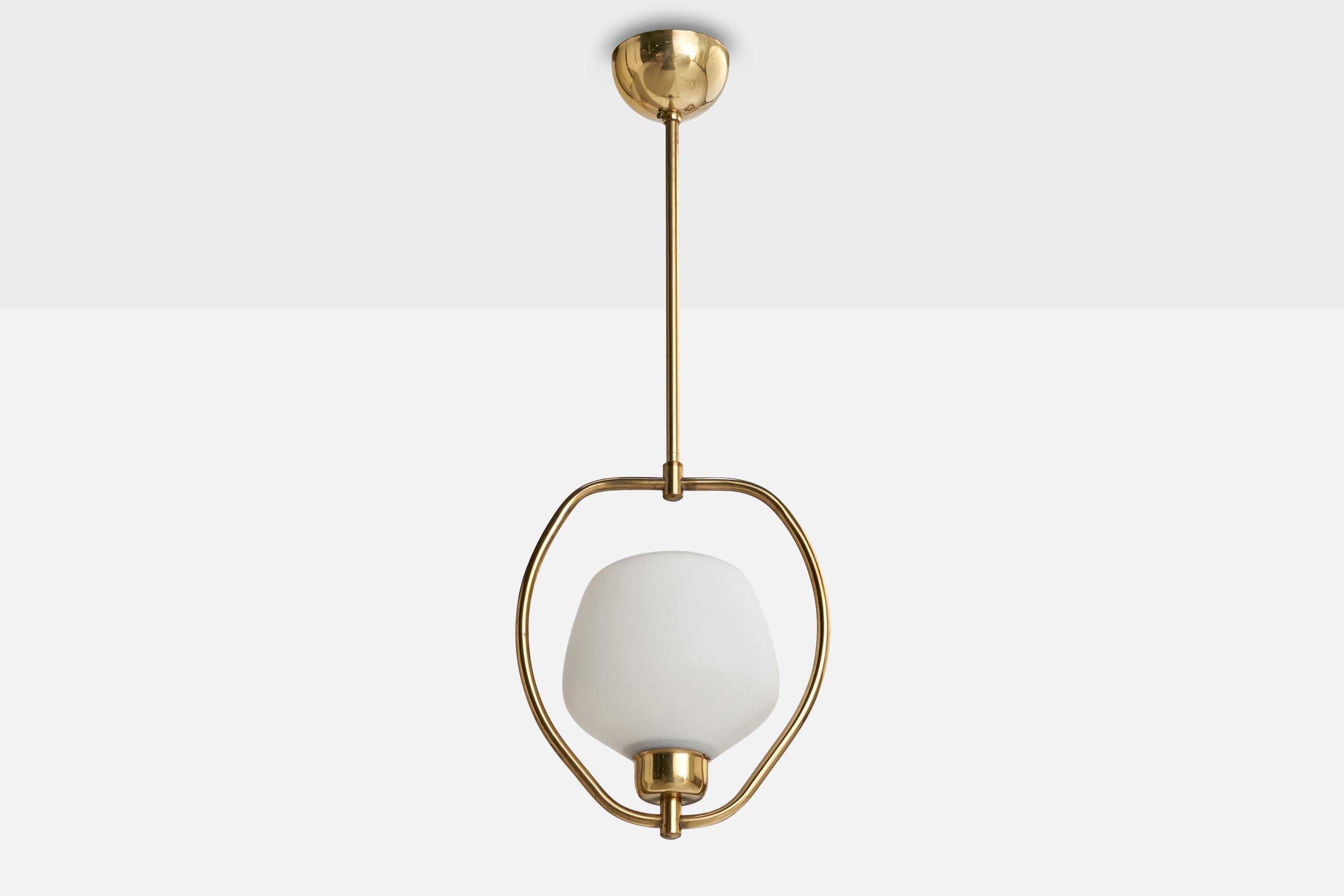A brass and white opaline glass pendant light designed and produced in Sweden, c. 1950s.

Overall Dimensions (inches): 23.25” H x 9” W x 6“ D

Dimensions of Canopy:  2.5” H x 3.75” W x 3.75” D

Stem length: 12” H

Bulb Specifications: E-26

Number