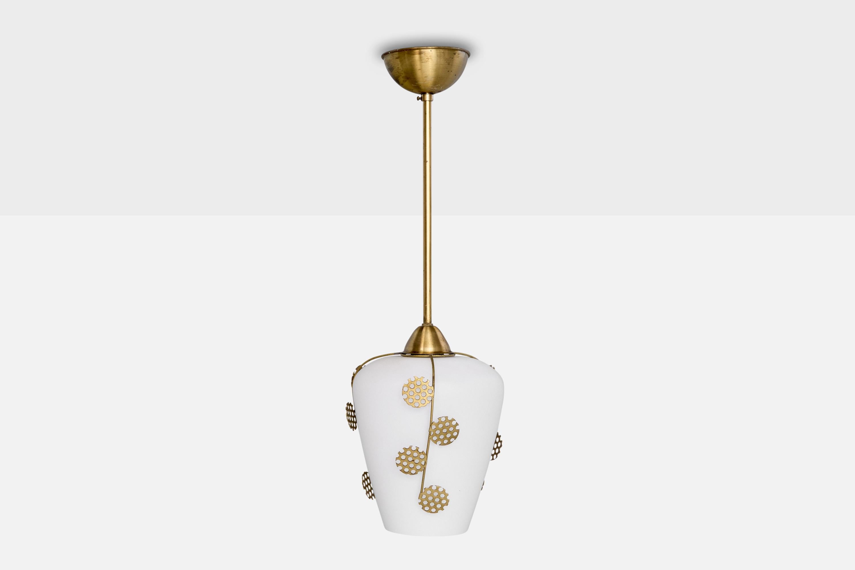 A brass and glass pendant light designed and produced in Sweden, c. 1950s.

The brass stem and canopy presents with light oxidation.

Overall Dimensions (inches): 20.5” H x 7.25” Diameter

Dimensions of Canopy: 2” H x 4” Diameter

Stem length: 10”