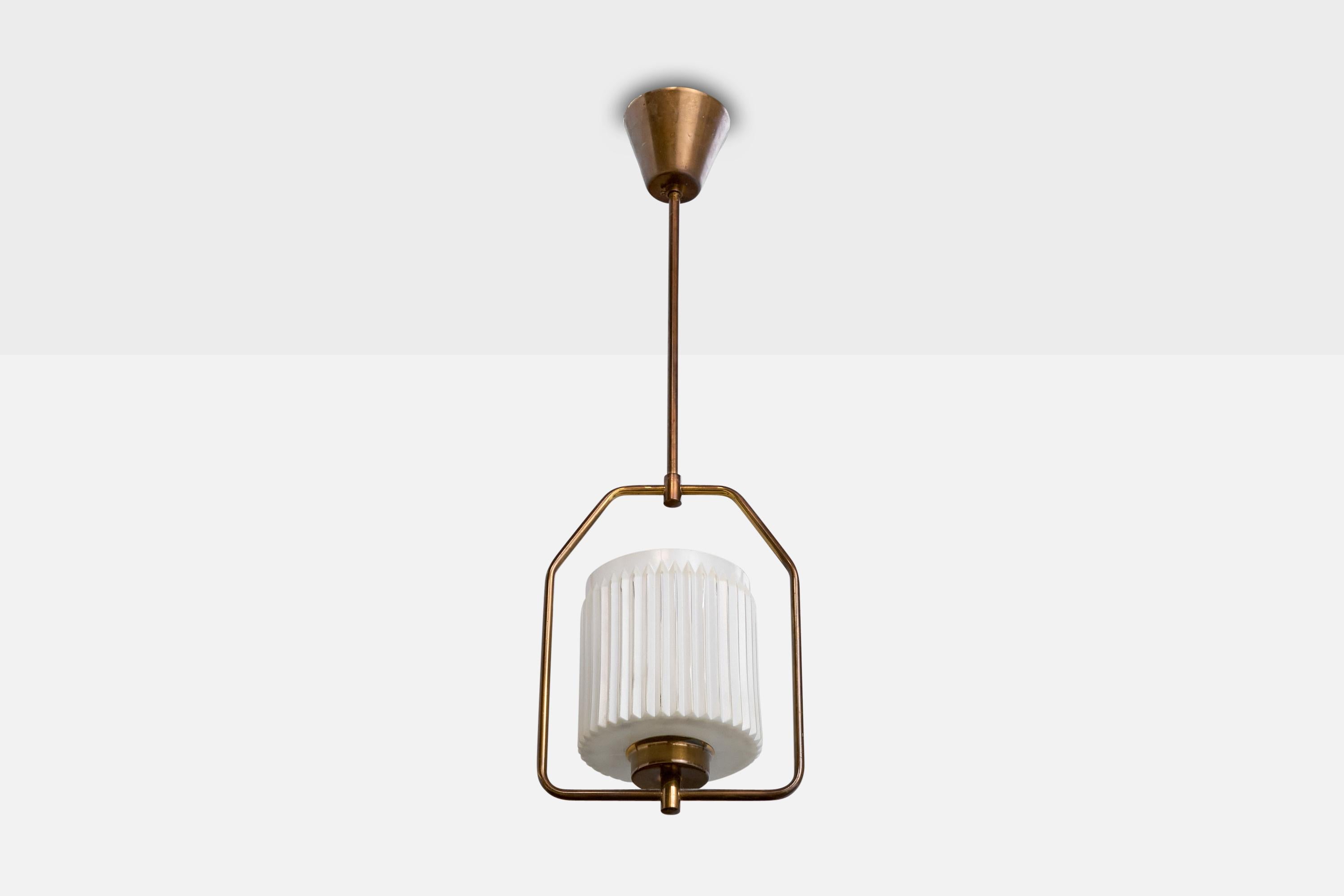 A brass and white opaline glass pendant light designed and produced in Sweden, c. 1950s.

Overall Dimensions (inches): 23” H x 7.4” W x 5.1” D

Dimensions of Canopy: 3“ H x 3.5” Diameter 

Stem length: 11.25” H

Bulb Specifications: E-26 

Number of