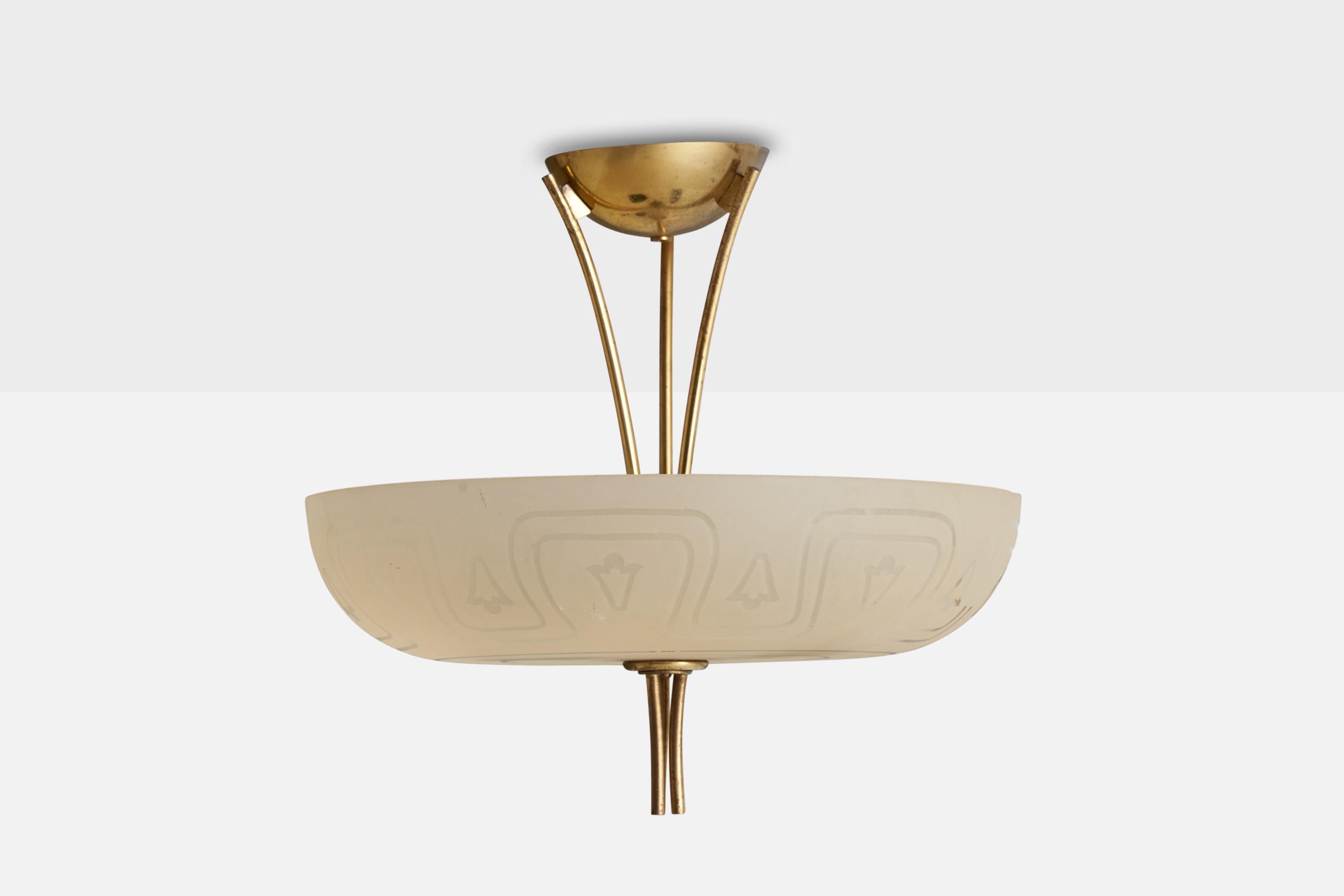 Scandinavian Modern Swedish Designer, Pendant Light, Brass, Glass, Sweden, 1950s For Sale