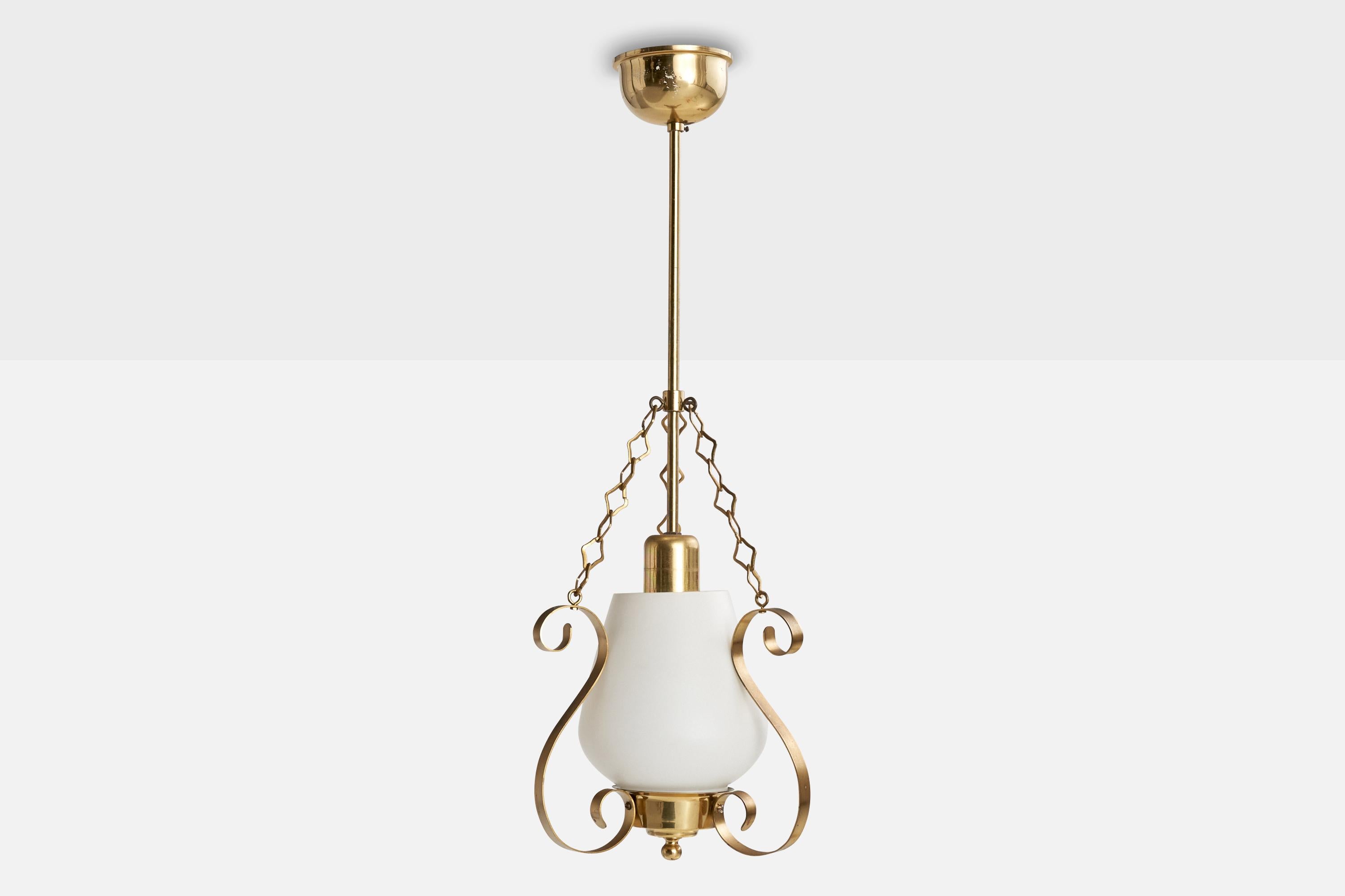 Scandinavo moderno Designer svedese, lampada a sospensione, ottone, vetro, Svezia, anni '1950 in vendita