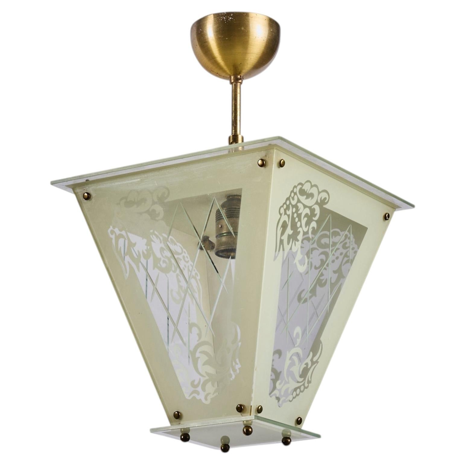 Swedish Designer, Pendant Light, Brass, Glass, Sweden, 1950s