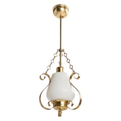 Swedish Designer, Pendant Light, Brass, Glass, Sweden, 1950s