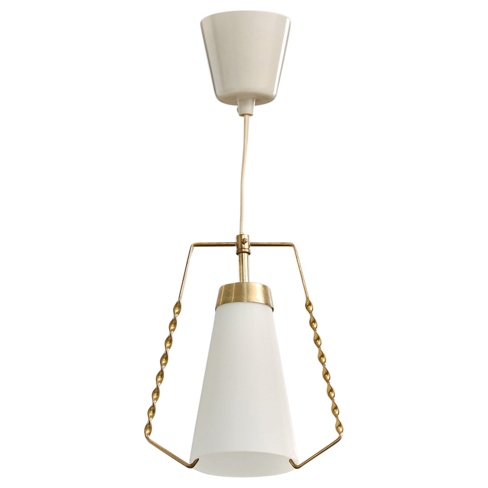 Swedish Designer, Pendant Light, Brass, Glass, Sweden, 1950s