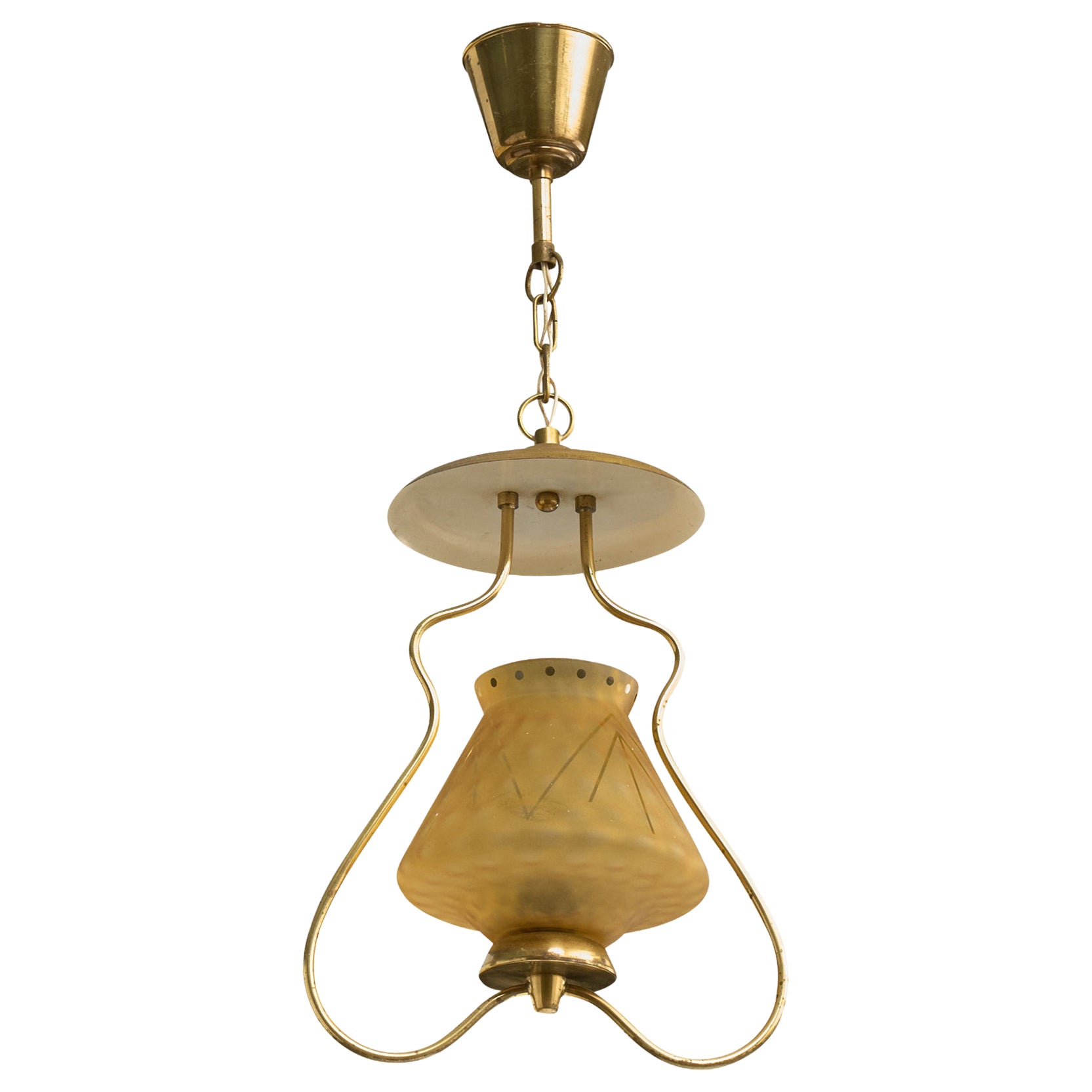 Swedish Designer, Pendant Light, Brass, Glass, Sweden, 1950s