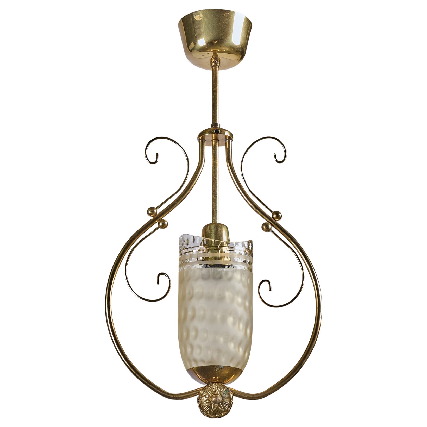 Swedish Designer, Pendant Light, Brass, Glass, Sweden, 1950s