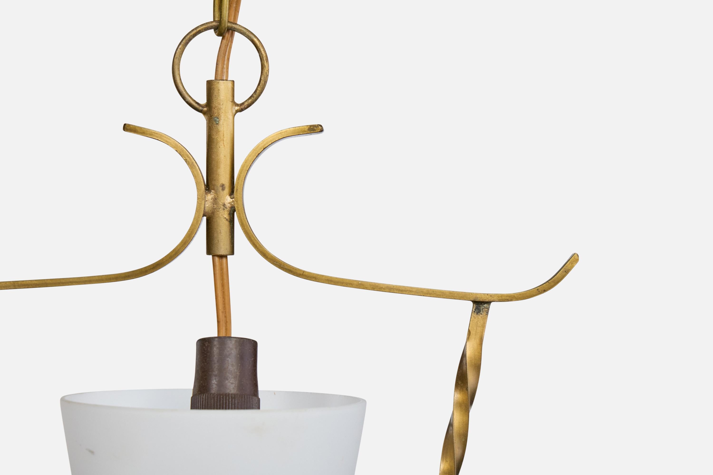 Lampada a sospensione di design svedese, ottone, vetro, teak, Svezia, anni '50 in vendita 2