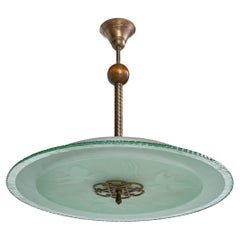 Swedish Designer, Pendant Light, Brass, Glass, Wood, Sweden, 1930s