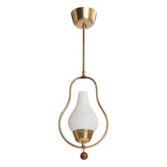 Swedish Designer, Pendant Light, Brass, Glass, Wood, Sweden, 1940s