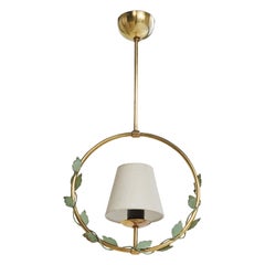 Swedish Designer, Pendant Light, Brass, Metal, Fabric, Sweden, 1940s