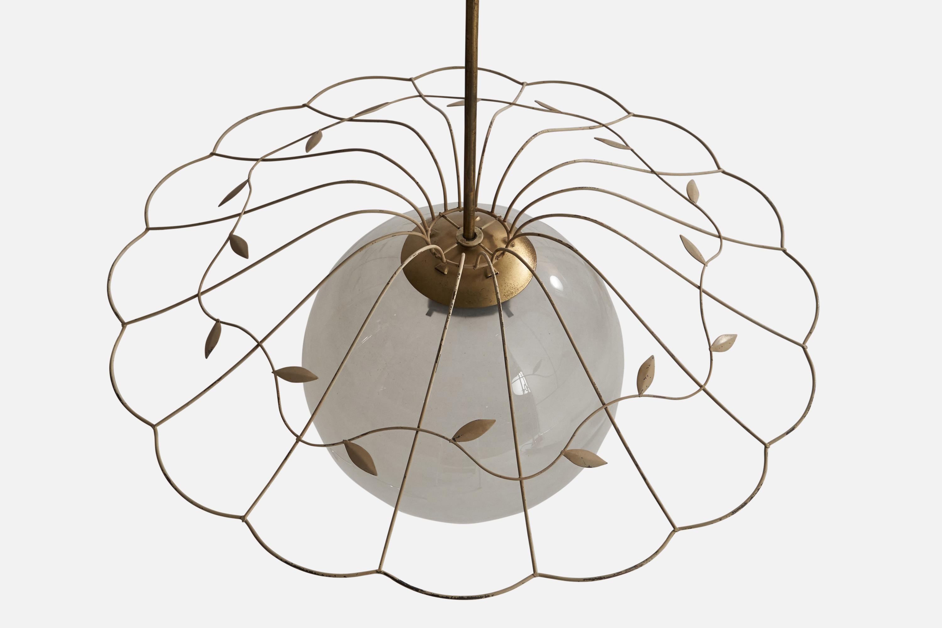 A brass, glass and cream-lacquered pendant light designed and produced in Sweden, 1940s.

Dimensions of canopy (inches): 2.32” H x 3.90” Diameter
Socket takes standard E-26 bulbs. 1 socket.There is no maximum wattage stated on the fixture. All