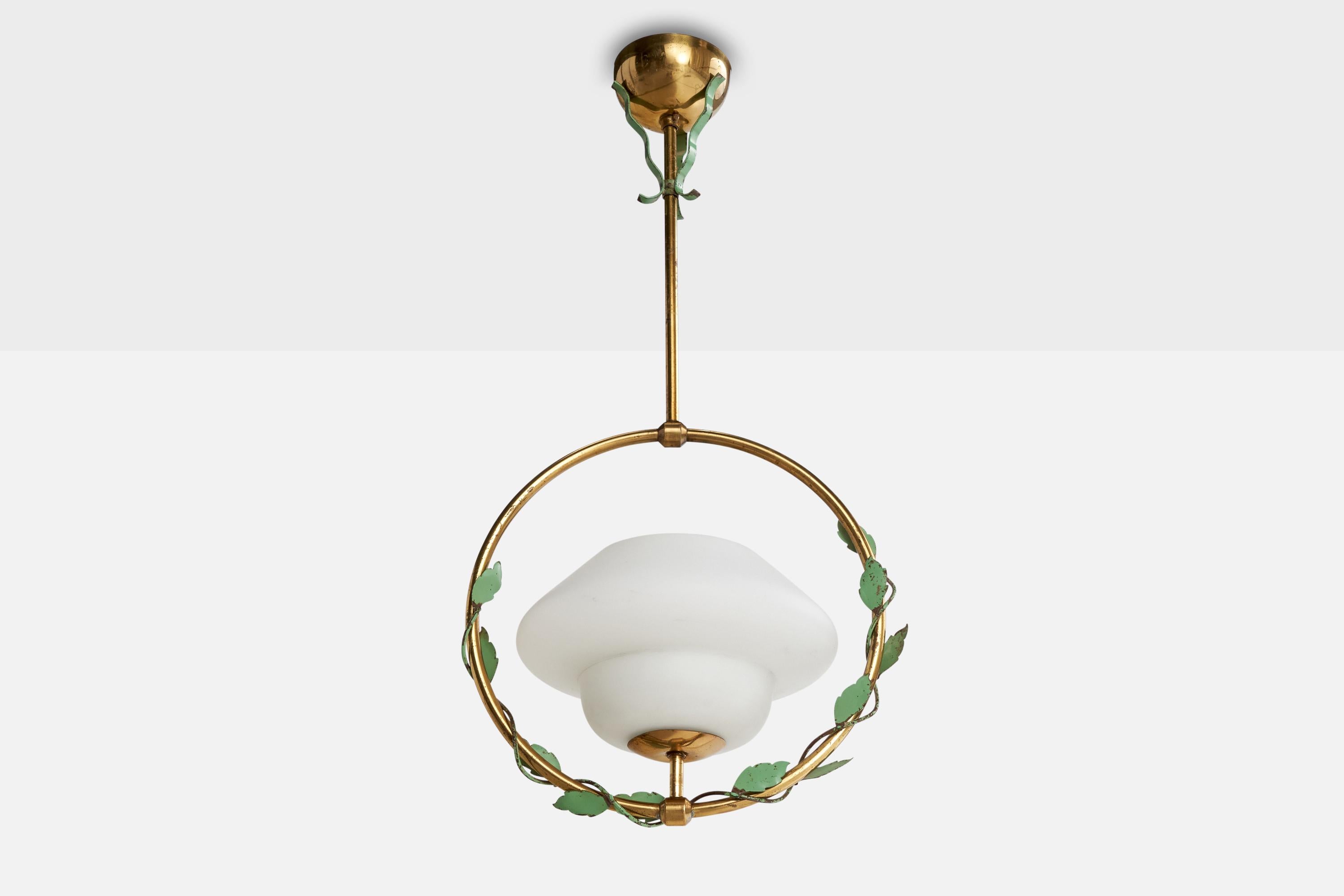 A brass, green-lacquered metal and white opaline glass pendant light designed and produced in Sweden, c. 1940s.

Overall Dimensions (inches): 23.5” H x 11” W x 9” D

Dimensions of Canopy:  2.25” H x 3.625” diameter 

Stem length: 7.25” H

Bulb