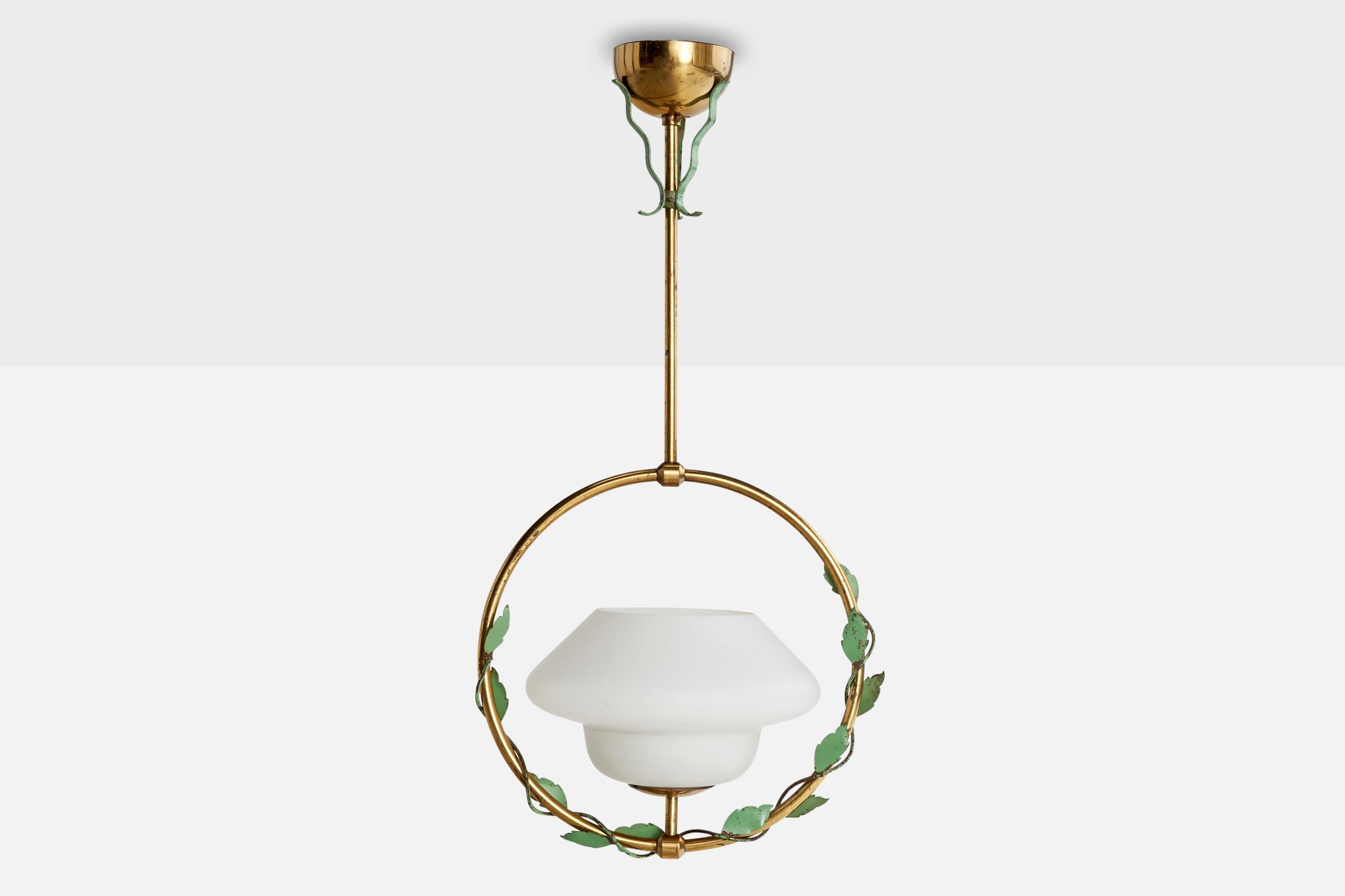 Scandinavian Modern Swedish Designer, Pendant Light, Brass, Metal, Glass, Sweden, 1940s For Sale