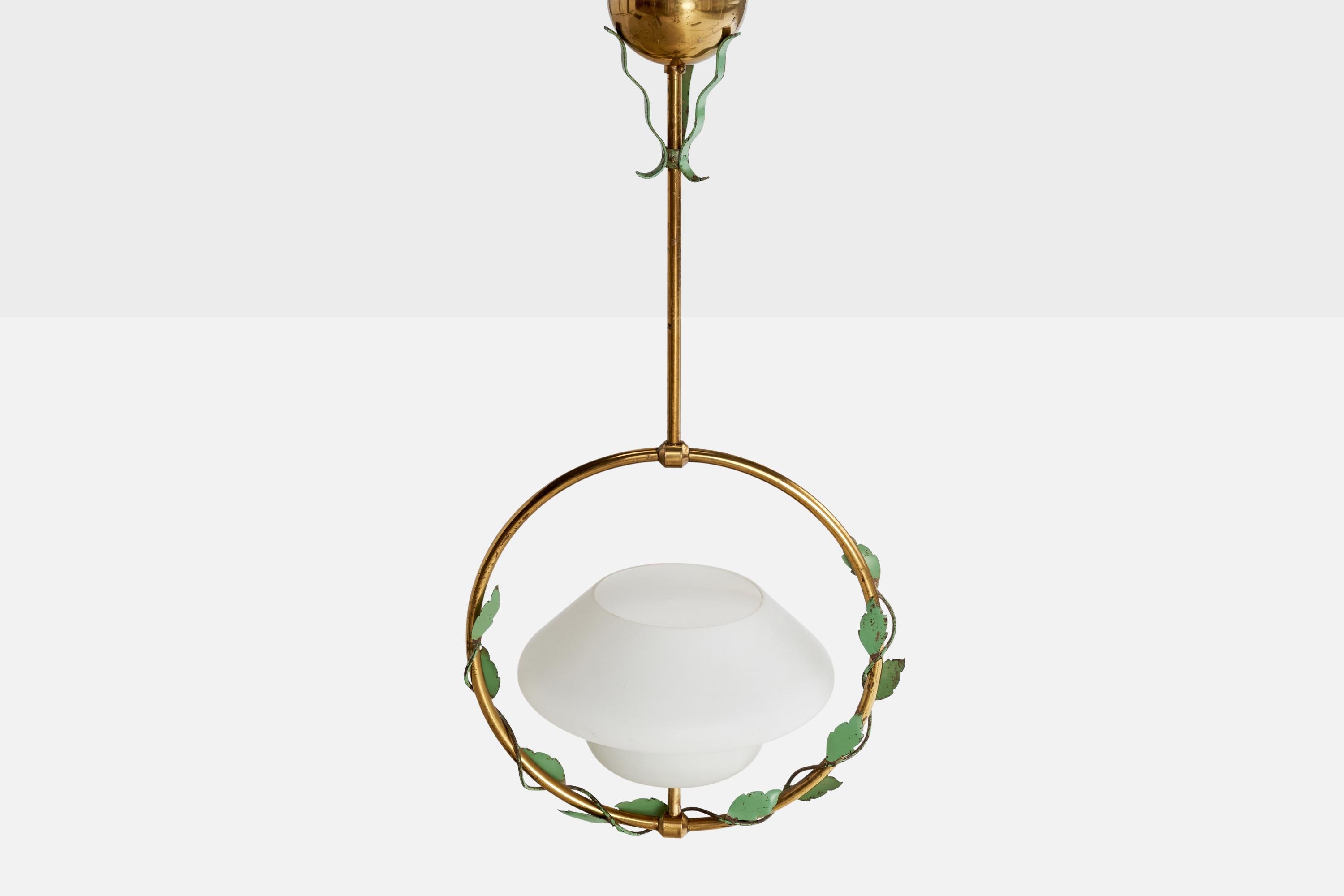 Swedish Designer, Pendant Light, Brass, Metal, Glass, Sweden, 1940s In Good Condition For Sale In High Point, NC
