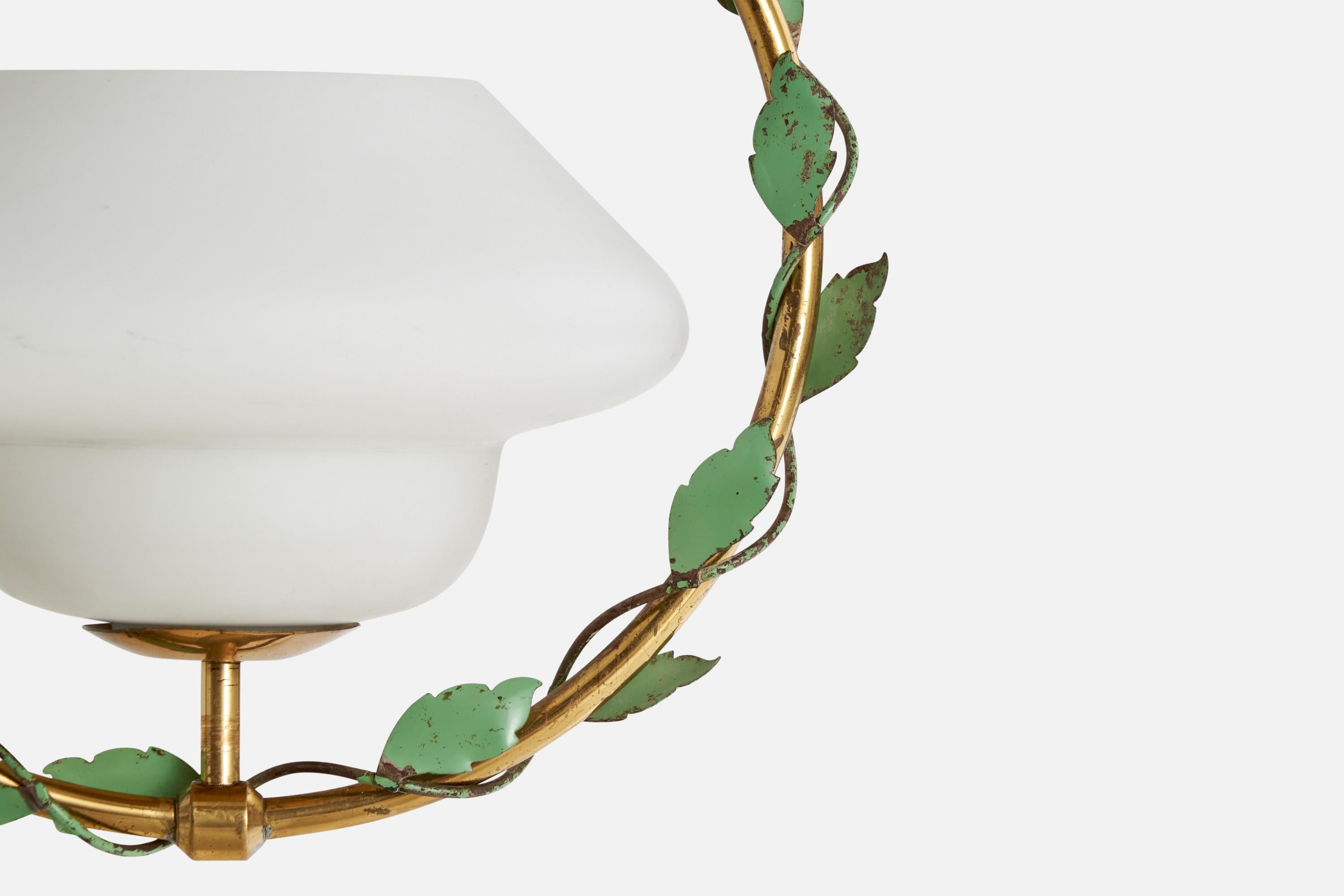 Swedish Designer, Pendant Light, Brass, Metal, Glass, Sweden, 1940s For Sale 1