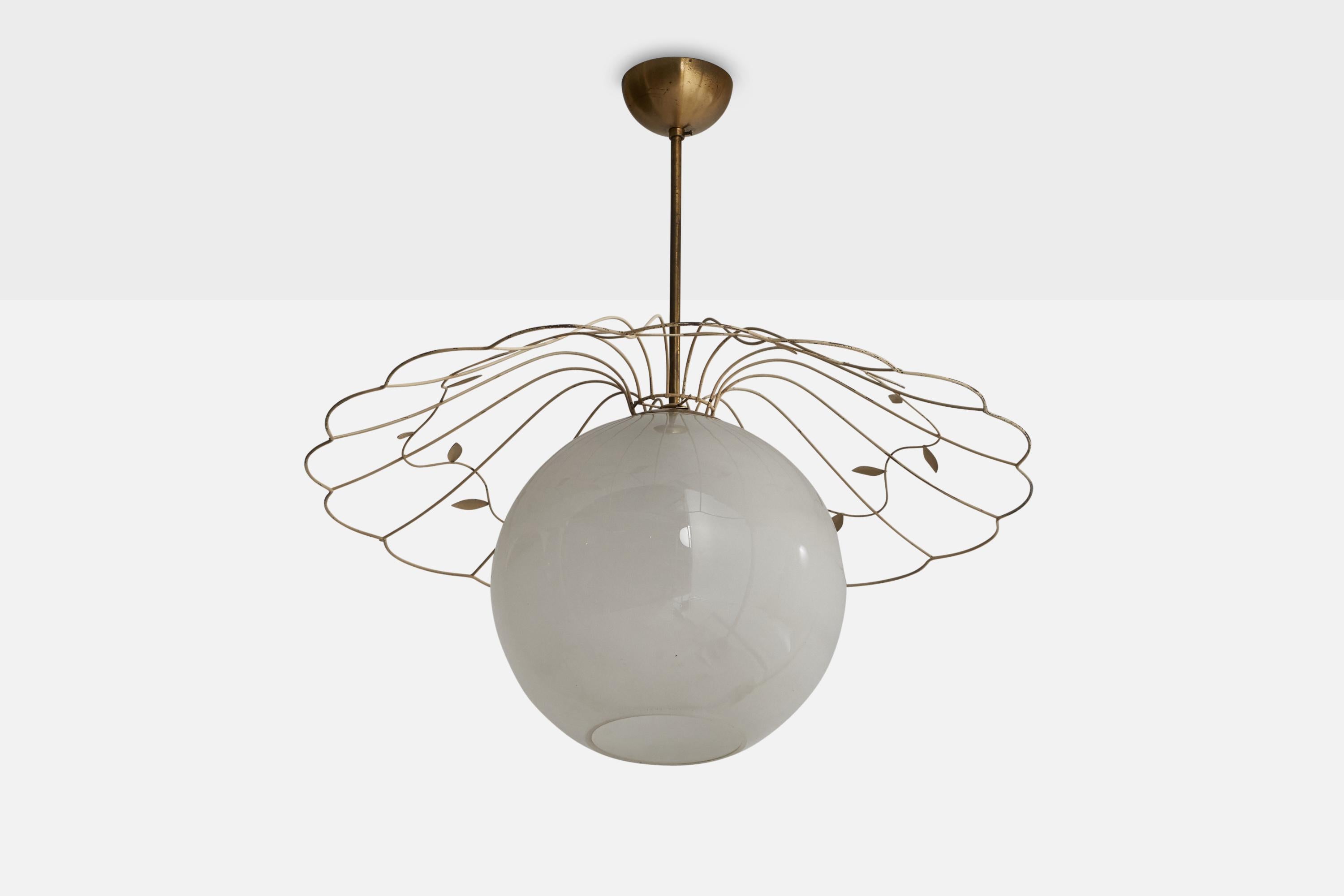 Swedish Designer, Pendant Light, Brass, Metal, Glass, Sweden, 1940s For Sale 1
