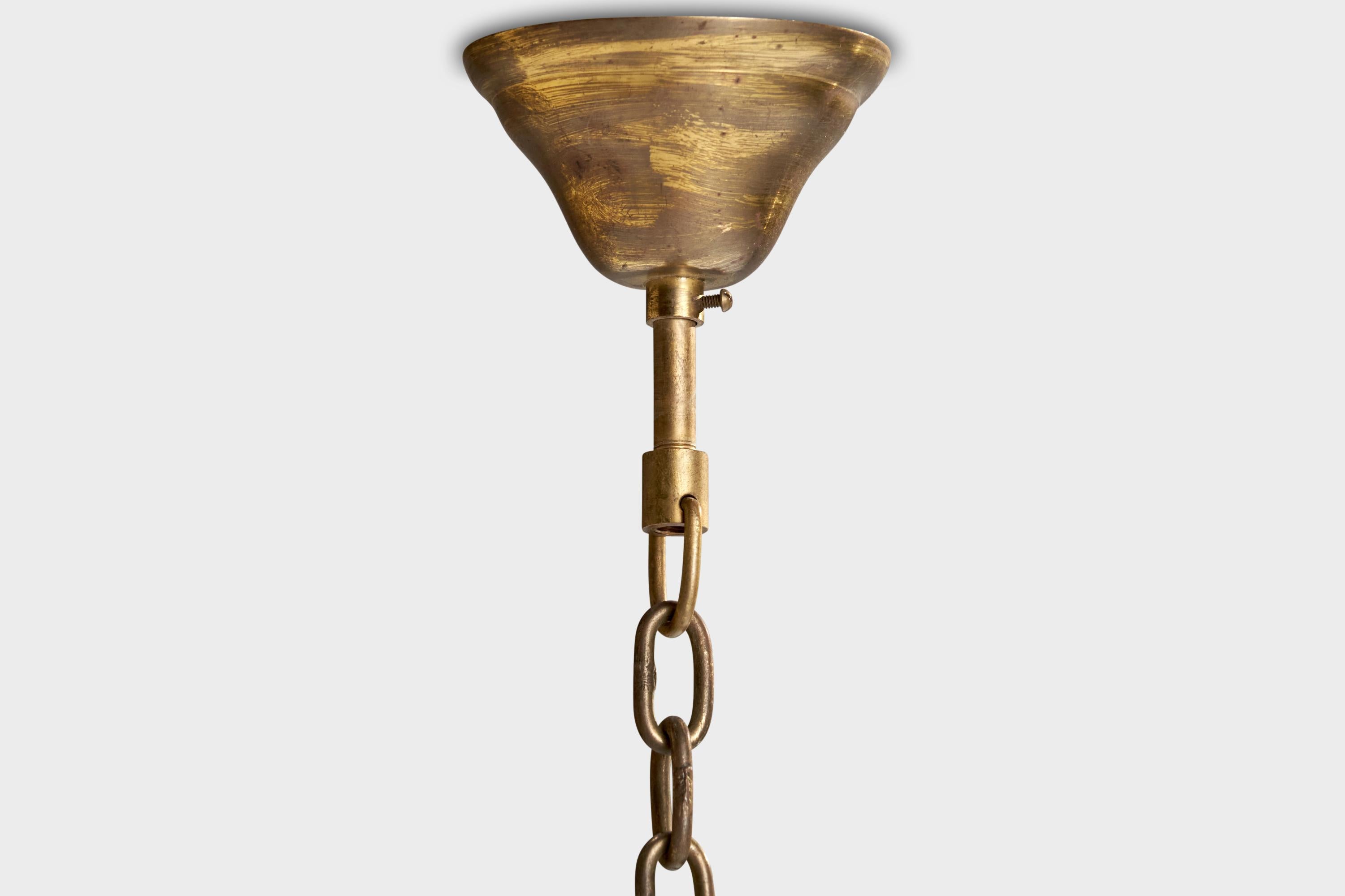 Swedish Designer, Pendant Light, Brass, Metal, Glass, Sweden, 1950s For Sale 5