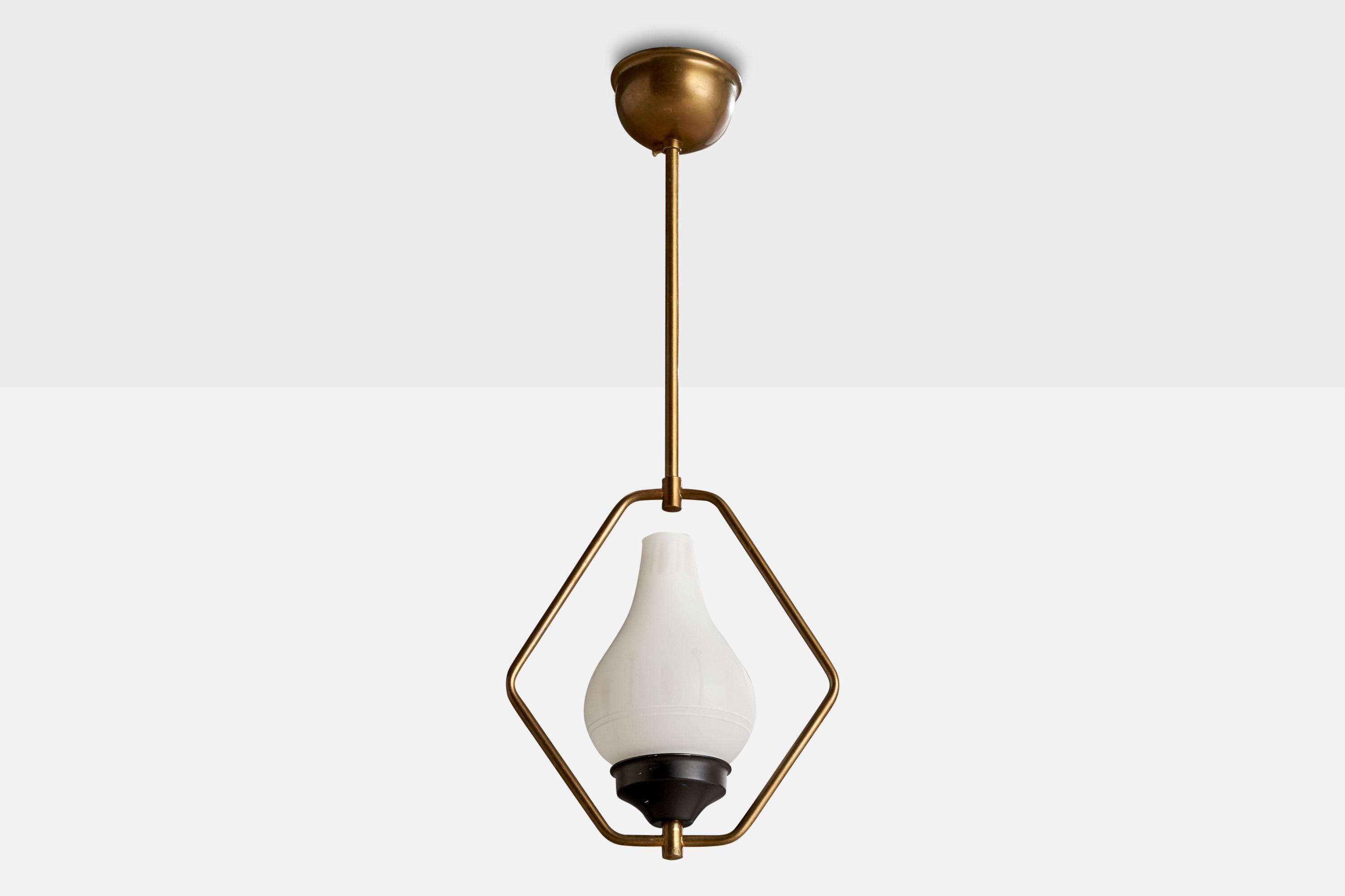 A brass, black-lacquered metal and opaline glass pendant light designed and produced in Sweden, c. 1950s.

Overall Dimensions (inches): 22.75” H x  8.875” Diameter
Dimensions of Canopy:  2.375” H x 3.875” W x 3.875” D
Stem length: 9.75”H
Bulb
