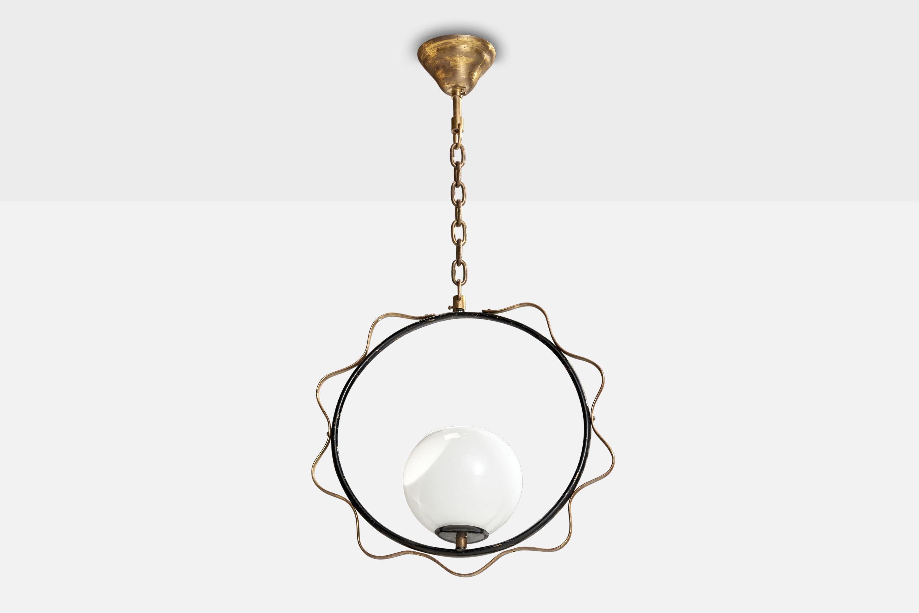 A brass, black-lacquered metal and white opaline glass pendant light designed and produced in Sweden, c. 1950s.

Illustrated missing wiring. Upon wiring cord will be threaded in chain.

Overall Dimensions (inches): 25” H x 13.5” Diameter

Dimensions