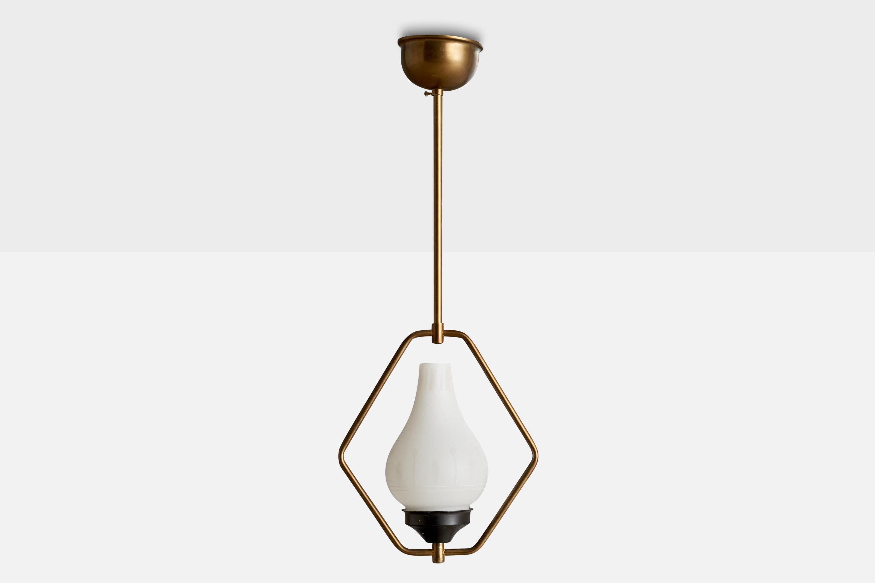 Scandinavian Modern Swedish Designer, Pendant Light, Brass, Metal, Glass, Sweden, 1950s For Sale