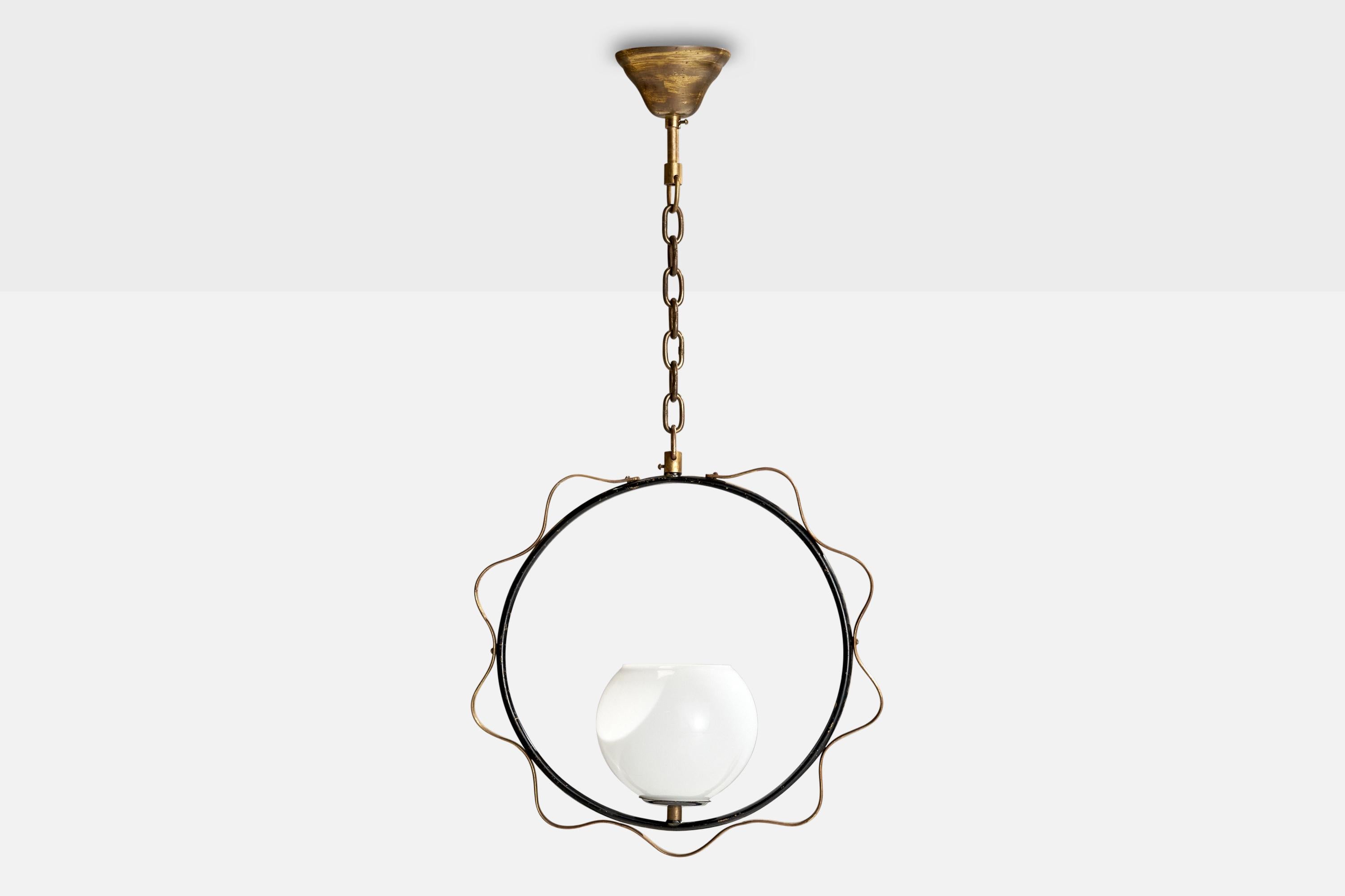 Scandinavian Modern Swedish Designer, Pendant Light, Brass, Metal, Glass, Sweden, 1950s For Sale