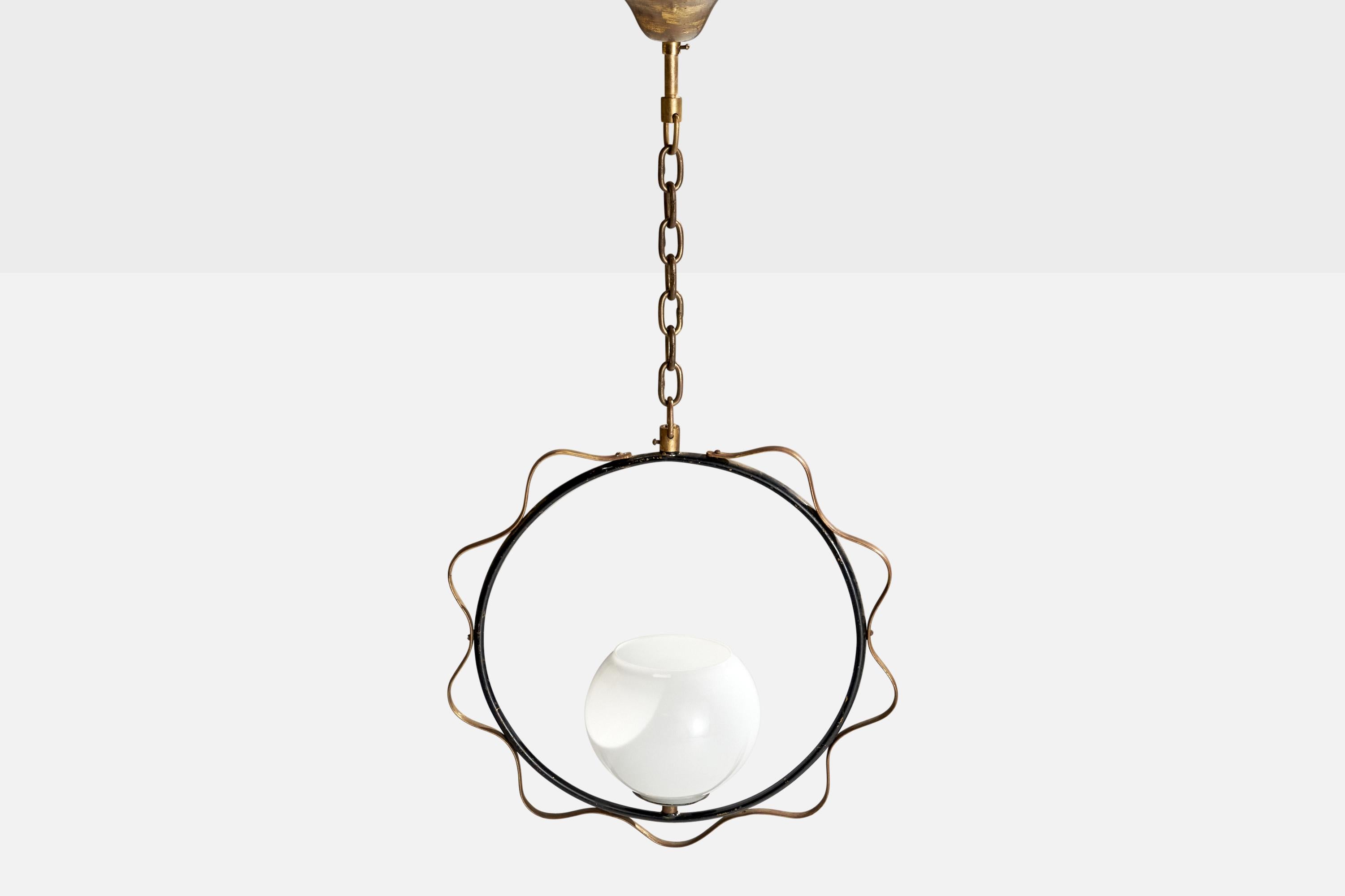 Swedish Designer, Pendant Light, Brass, Metal, Glass, Sweden, 1950s In Good Condition For Sale In High Point, NC