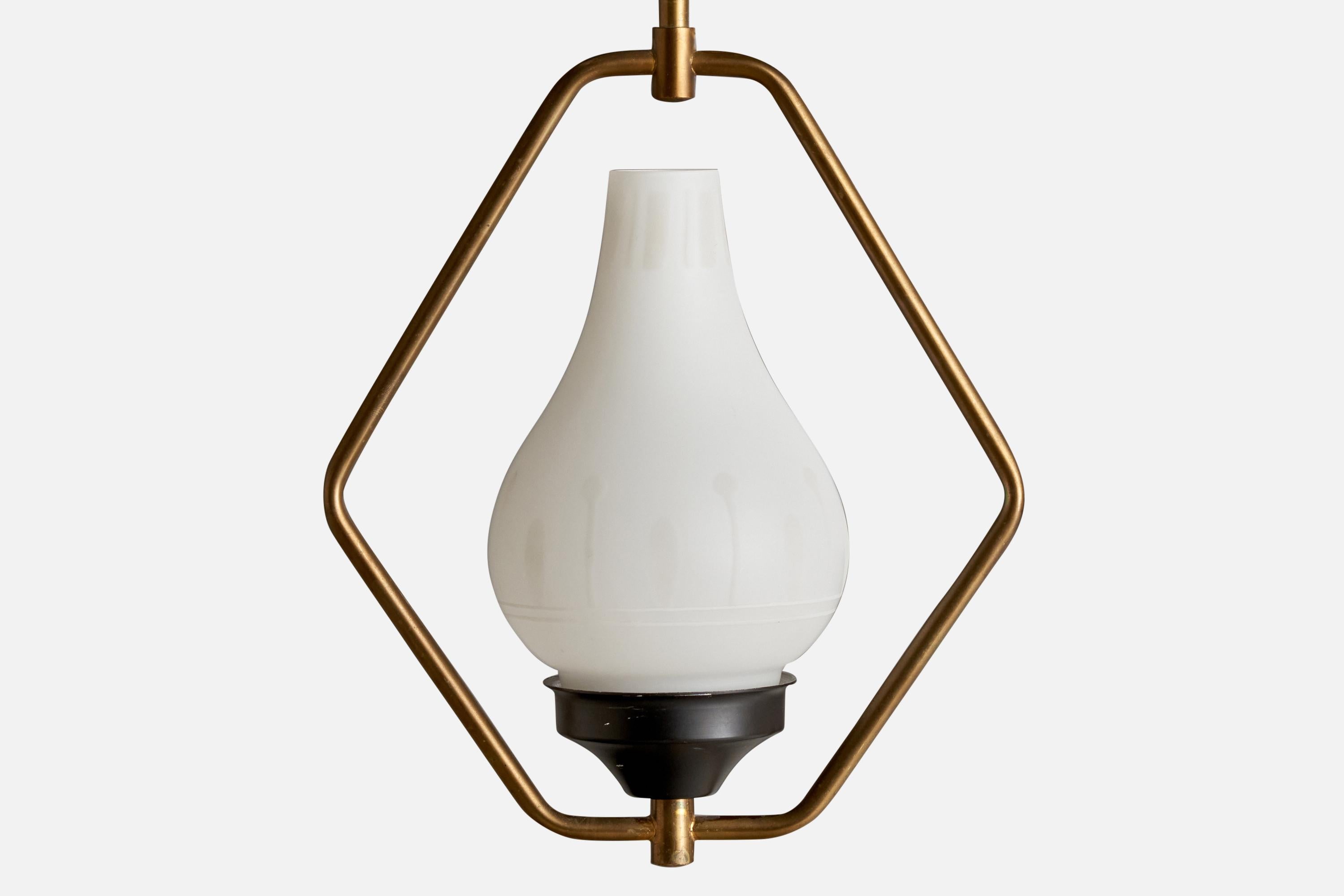 Mid-20th Century Swedish Designer, Pendant Light, Brass, Metal, Glass, Sweden, 1950s For Sale