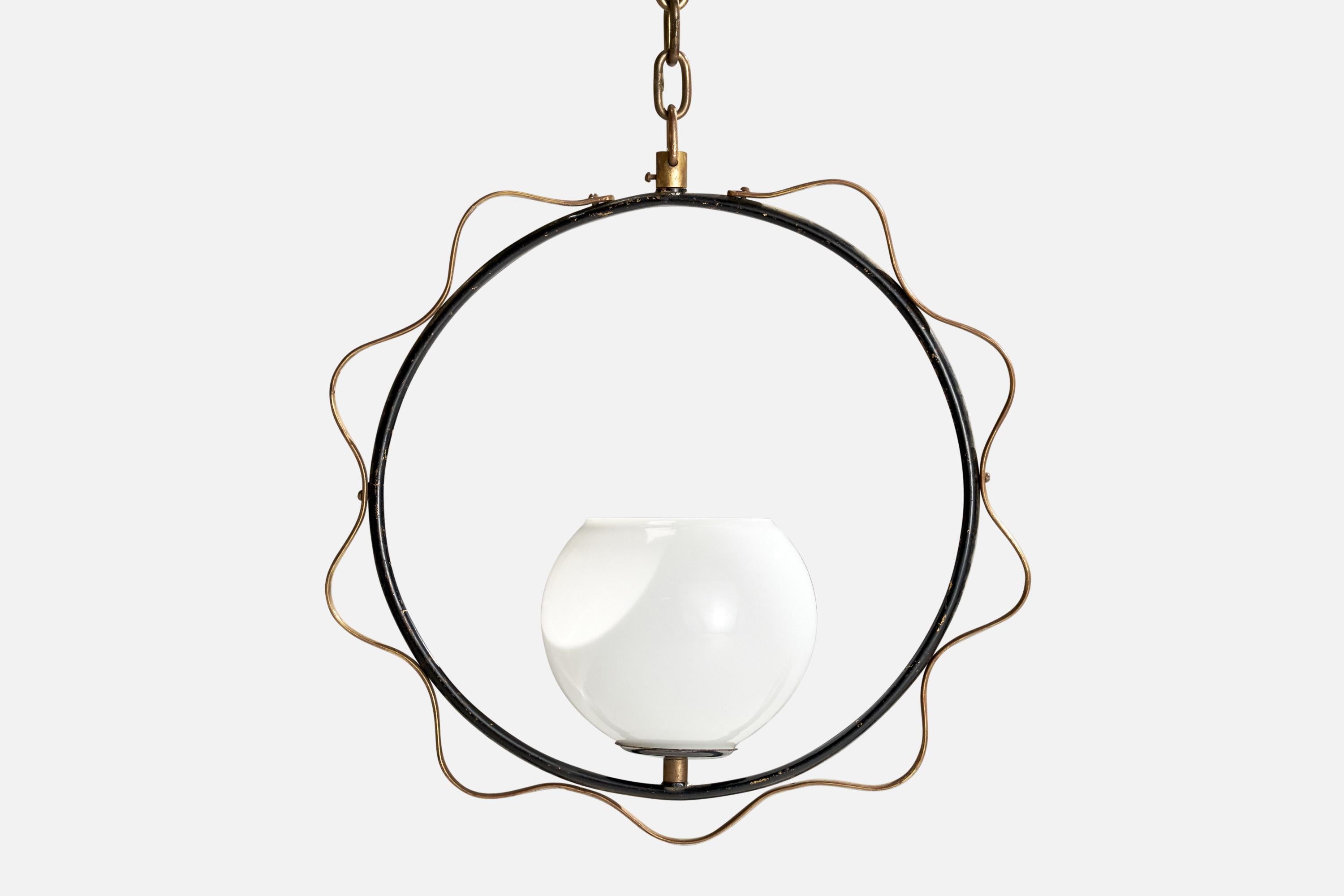 Mid-20th Century Swedish Designer, Pendant Light, Brass, Metal, Glass, Sweden, 1950s For Sale