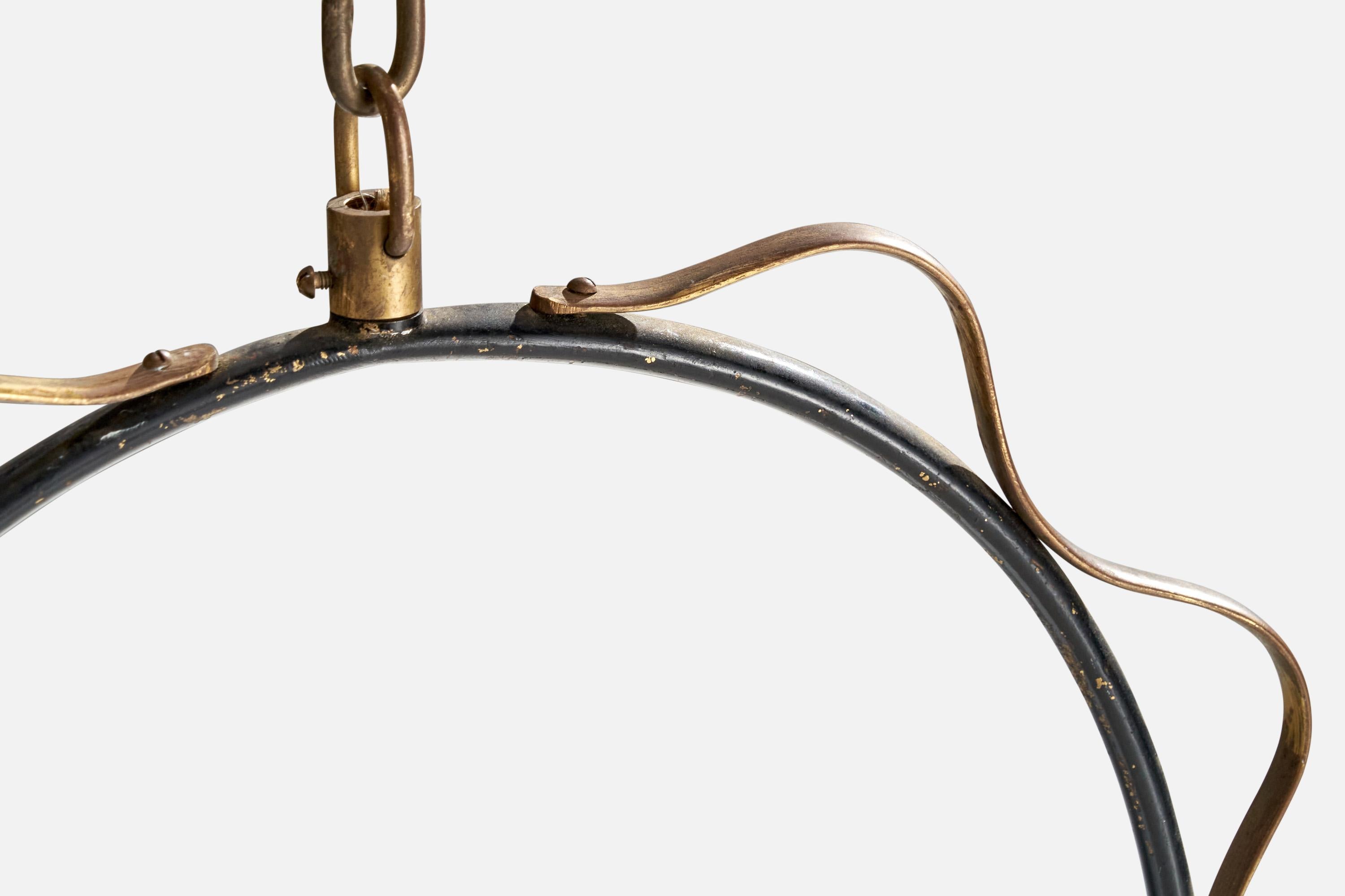 Swedish Designer, Pendant Light, Brass, Metal, Glass, Sweden, 1950s For Sale 1