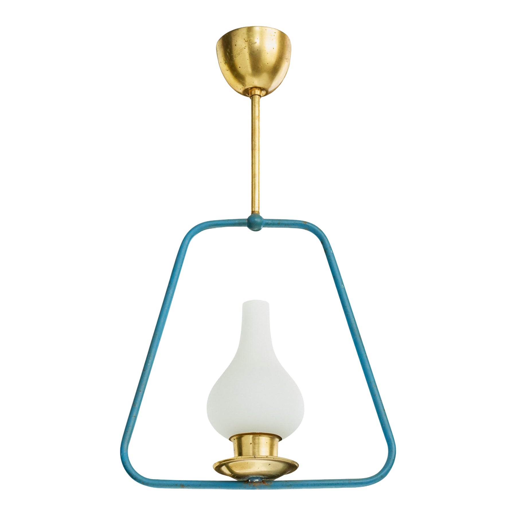 Swedish Designer, Pendant Light, Brass, Metal, Glass, Sweden, 1950s For Sale