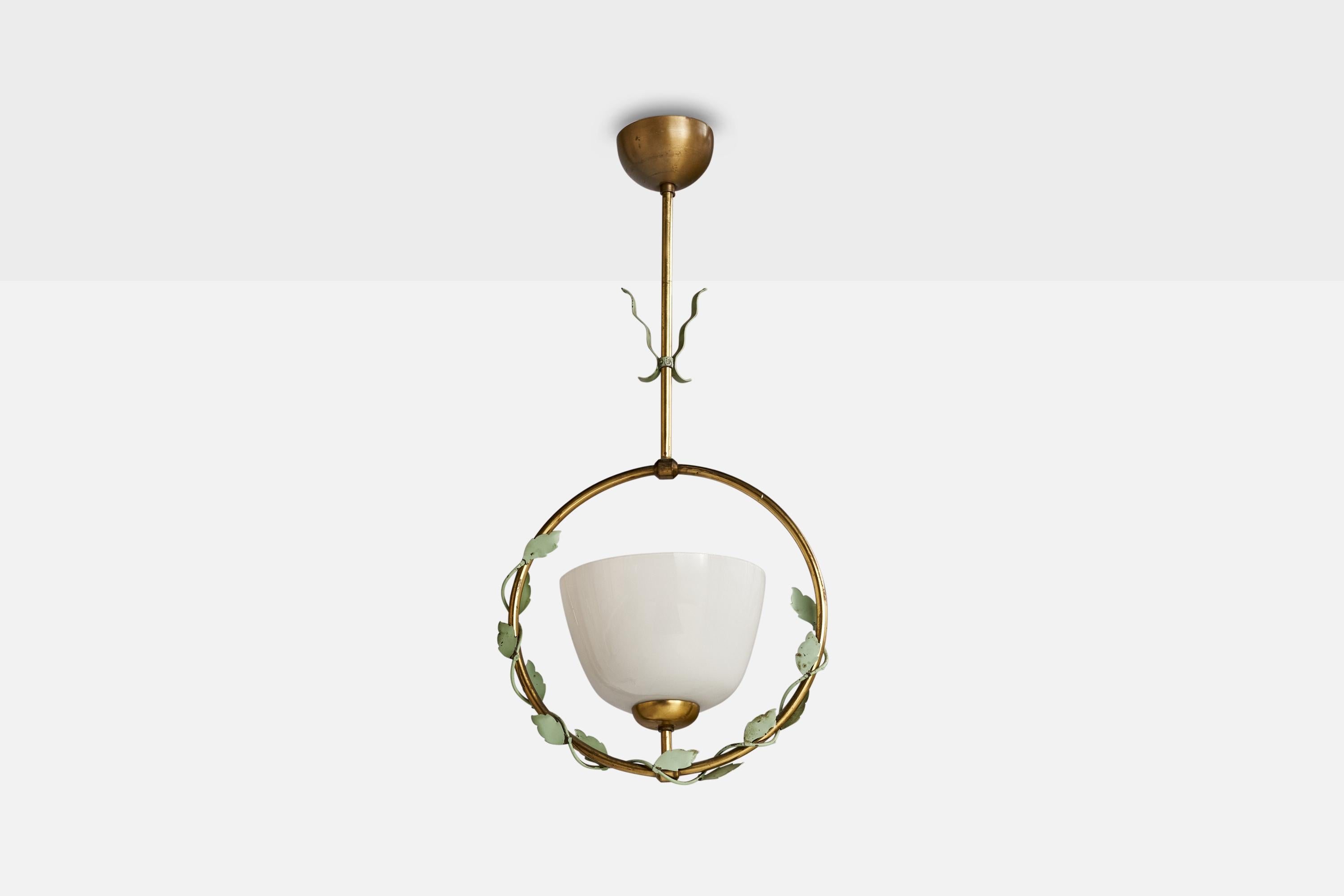 A brass, green-painted metal and opaline glass pendant designed and produced in Sweden, c. 1940s.

Dimensions of canopy (inches): 2” H x 3.5”  Diameter
Socket takes standard E-26 bulbs. 1 socket.There is no maximum wattage stated on the fixture. All
