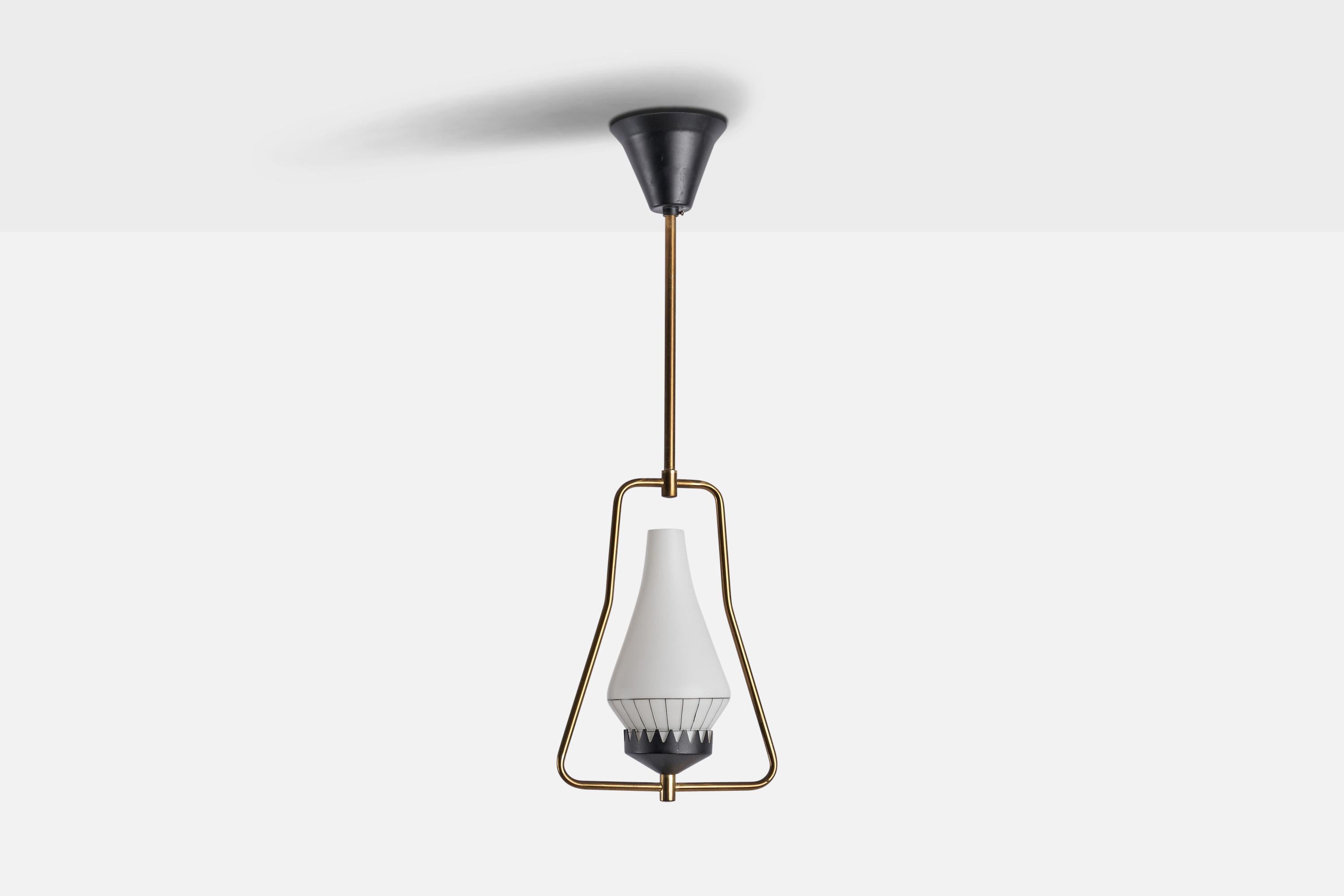 
A brass, black-lacquered metal and etched glass pendant light designed and produced in Sweden, c. 1950s.
Dimensions of canopy (inches) : 3.15” H x 4” Diameter
Socket takes standard E-26 bulb. There is no maximum wattage stated on the fixture. All