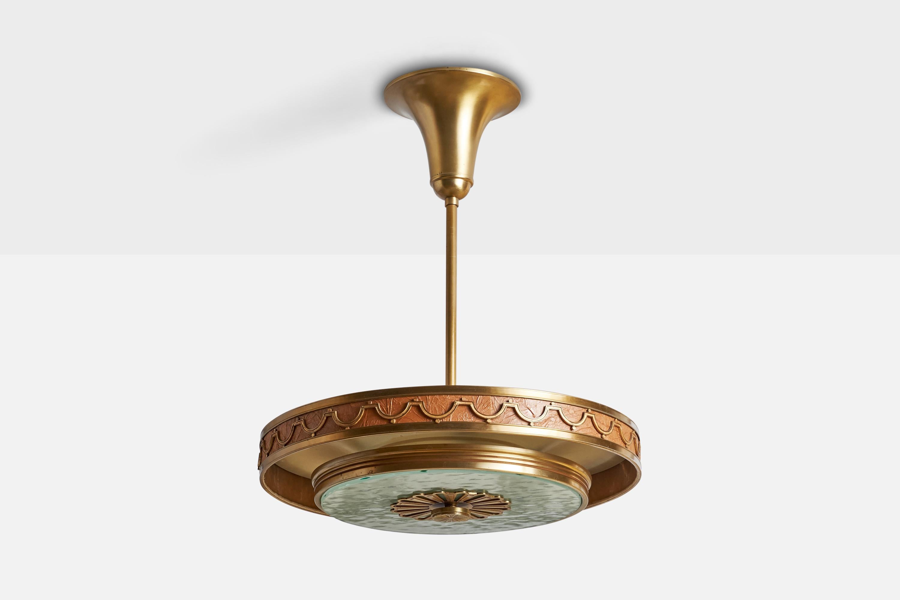 A brass, brown paper and glass pendant light designed and produced in Sweden, 1930s.

Dimensions of canopy (inches): 7.5” H x 9” Diameter
Socket takes standard E-26 bulbs. 3 sockets.
socket takes standard E-14 bulbs. 6 sockets.There is no maximum
