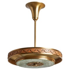 Swedish Designer, Pendant Light, Brass, Paper, Glass, Sweden, 1930s